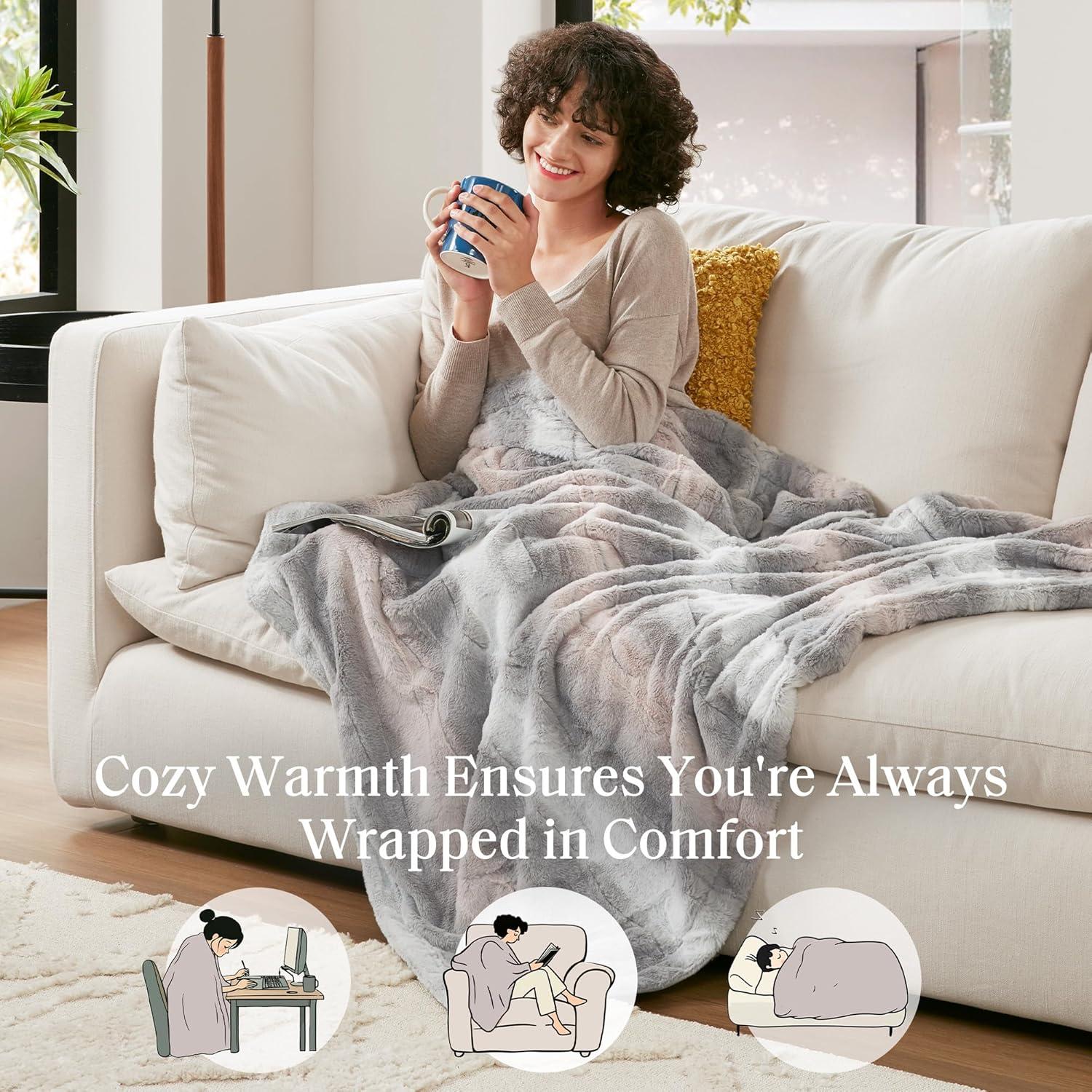 60"x70" Oversized Marselle Faux Fur Throw Blanket Blush/Gray - Madison Park