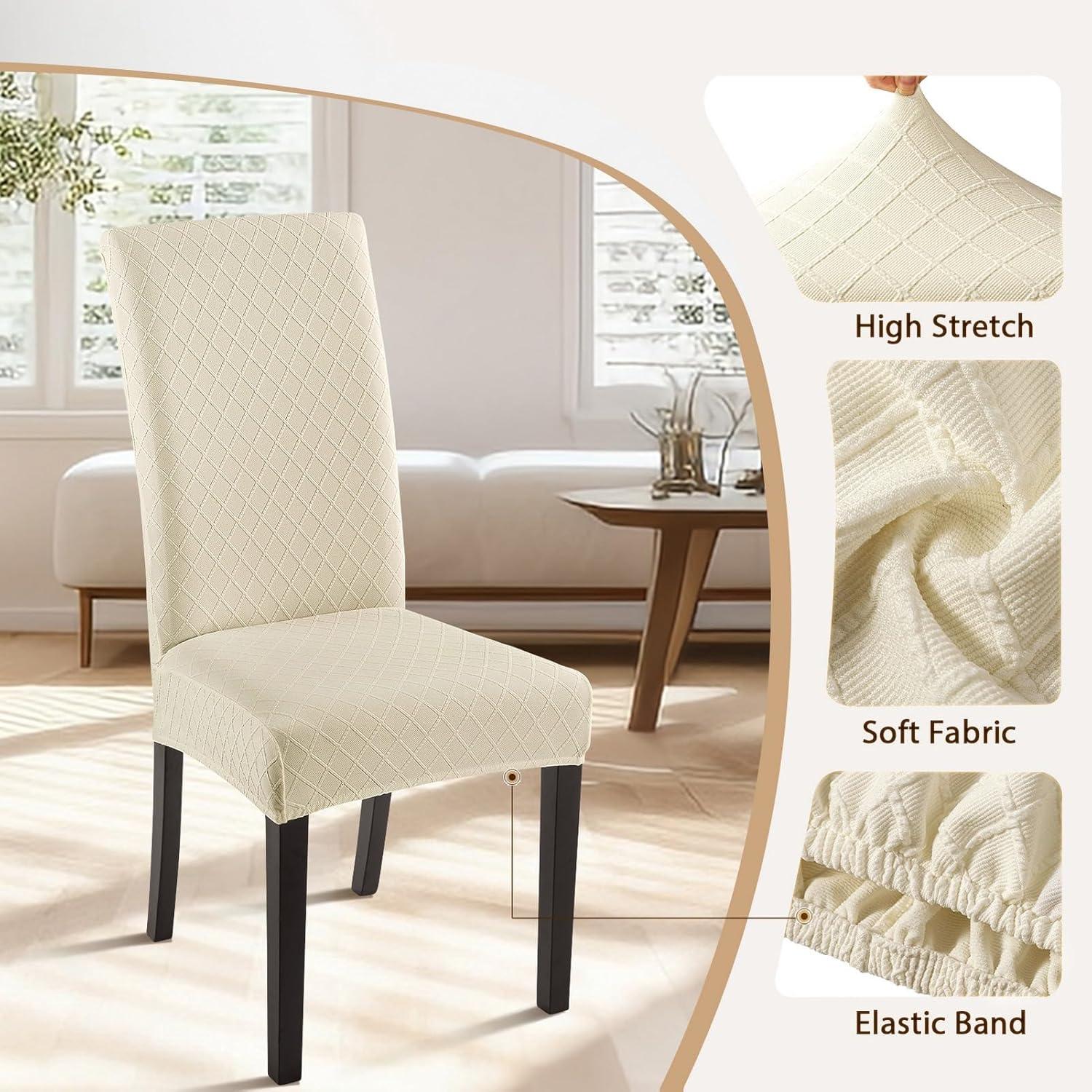 Beige Stretch Jacquard Dining Chair Covers, Set of 4