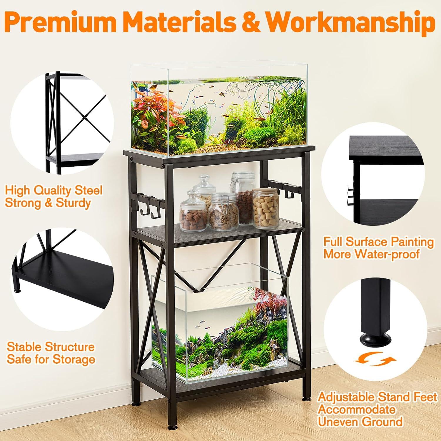 Black Metal 3-Tier Fish Tank Stand with Storage Shelf