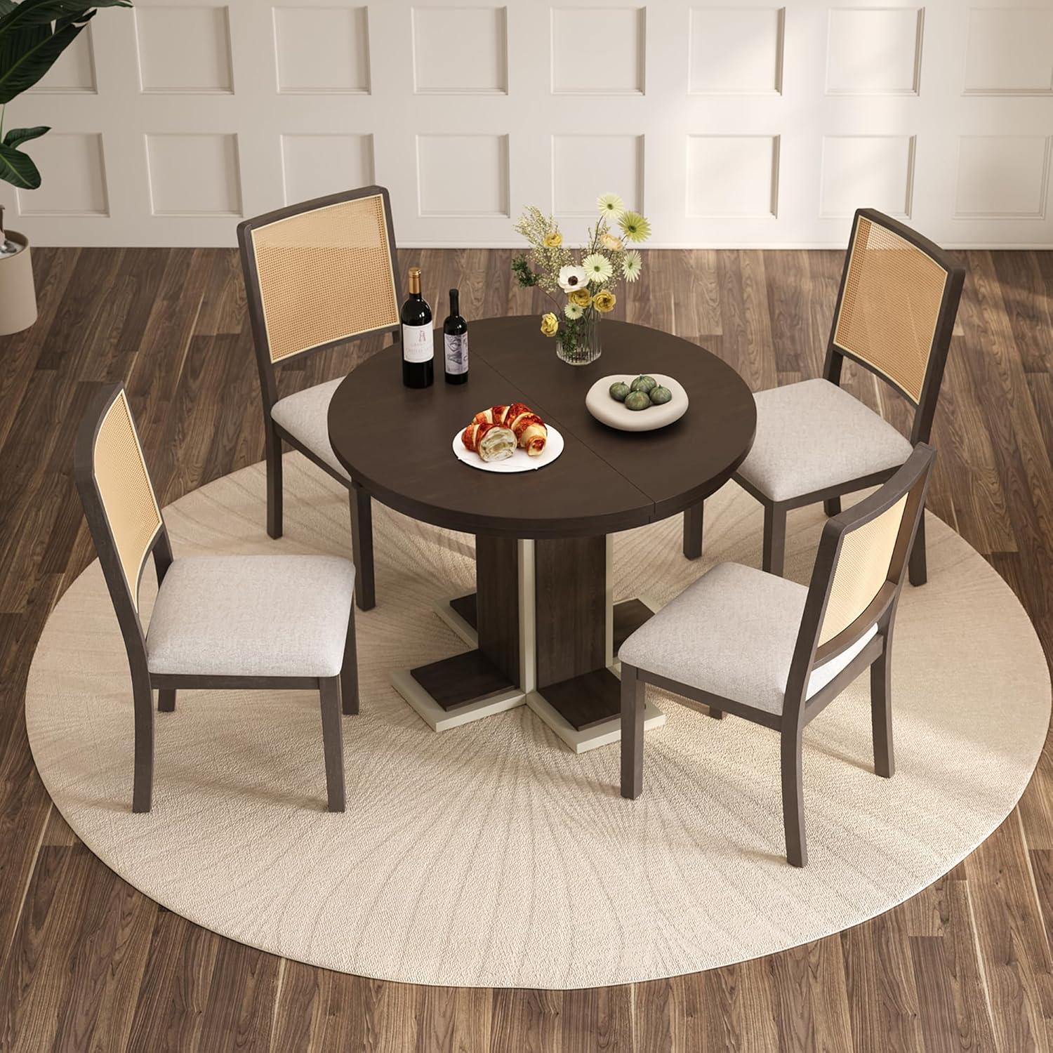 Bellemave Extendable Dining Table Set for 4, 5-Piece Round Table Set with 4 Chairs, Circle Table with Upholstered Chairs, Oval Kitchen Table Set with Extendable Table (Natural Wood Wash)