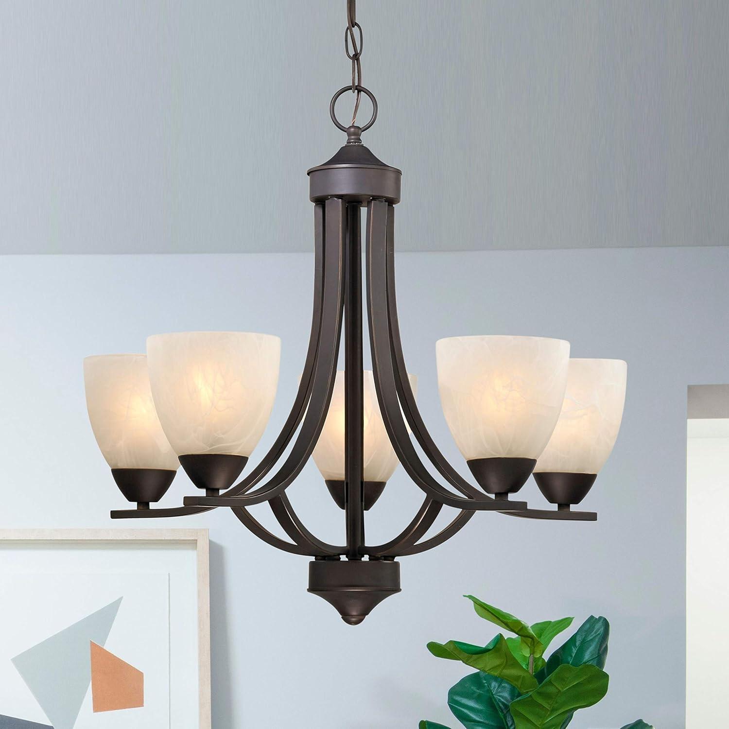 CodYinFI Lighting Modern 5 Light Chandelier Hanging Light Fixture with Alabaster Glass in Bronze Finish