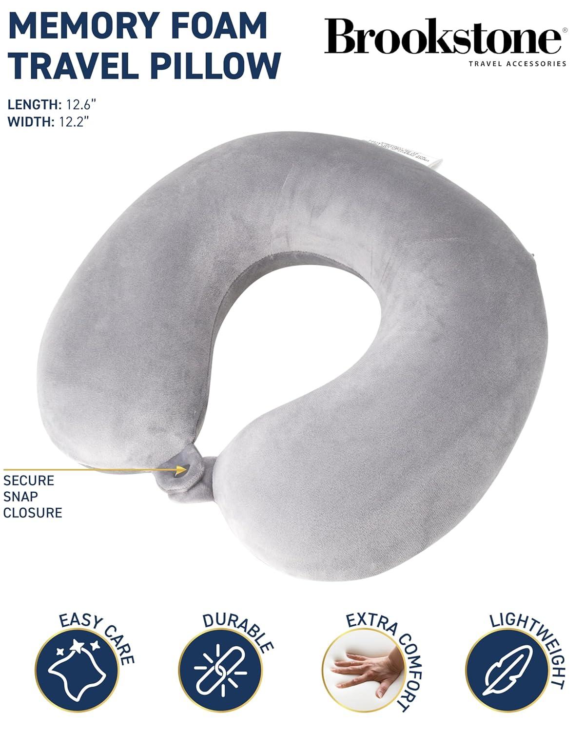 Brookstone Memory Foam Travel Neck Pillow for Vacations, Airplanes, Trains, Buses, and Cars