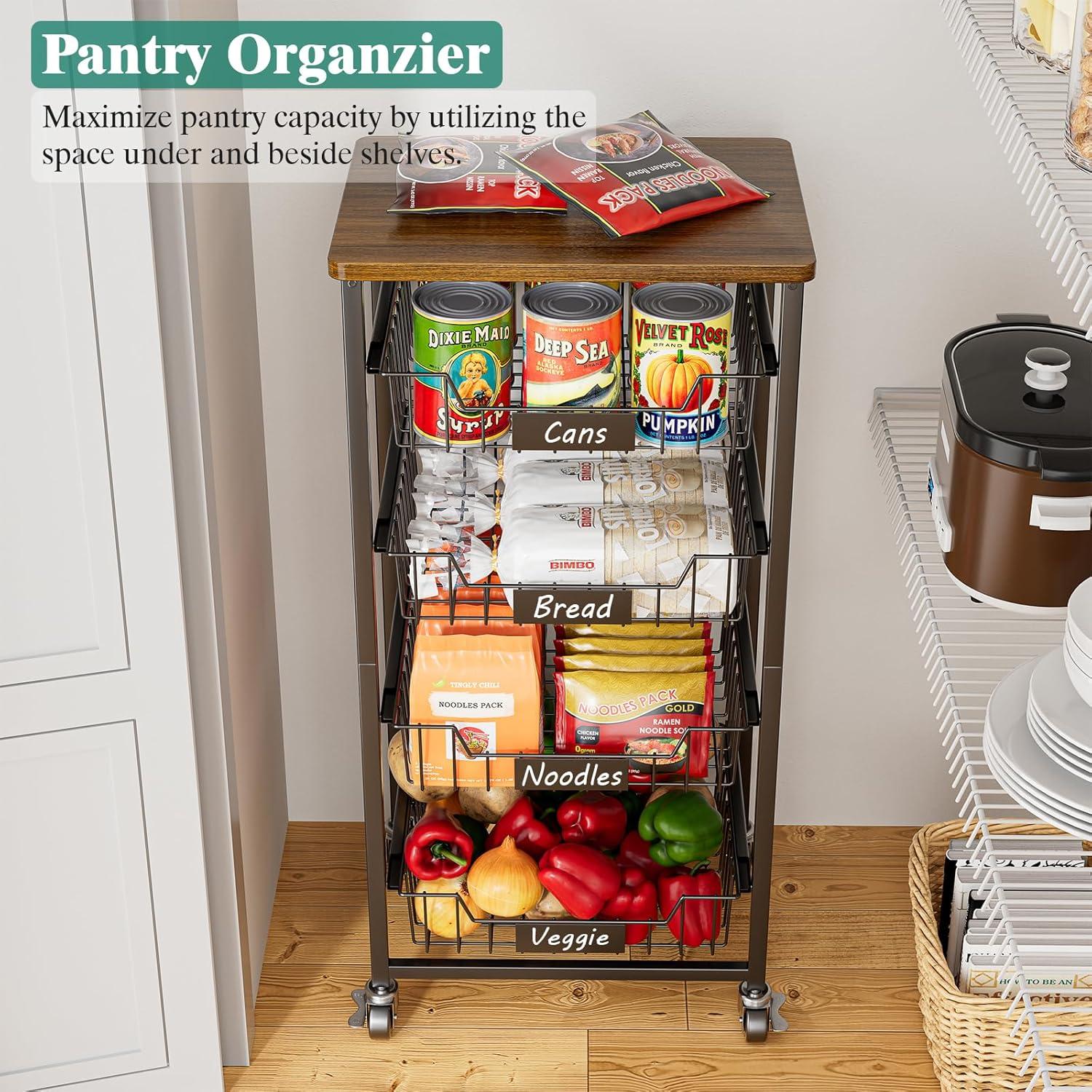 5-Tier Vegetable Fruit Basket Kitchen Storage Rolling Cart on Wheels with Pull-Out Baskets and Wood Top for Kitchen Diningroom Pantry