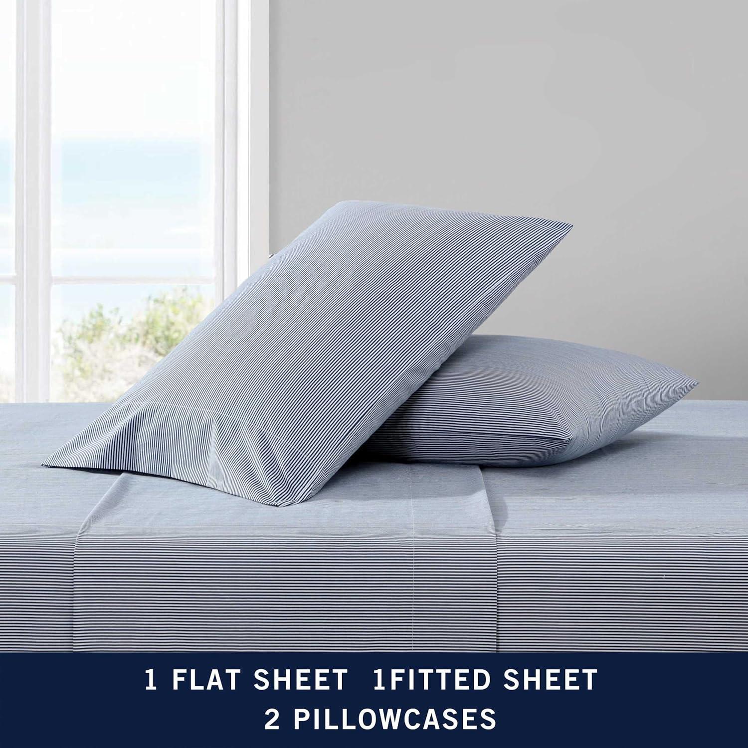 Nautica - King Sheet Set, Lightweight & Breathable Cotton Percale Bedding Set with Matching Sham(s), Crisp & Cool Bedding Essentials, Oeko-Tex Certified (Penny Pinstripe Navy, King)