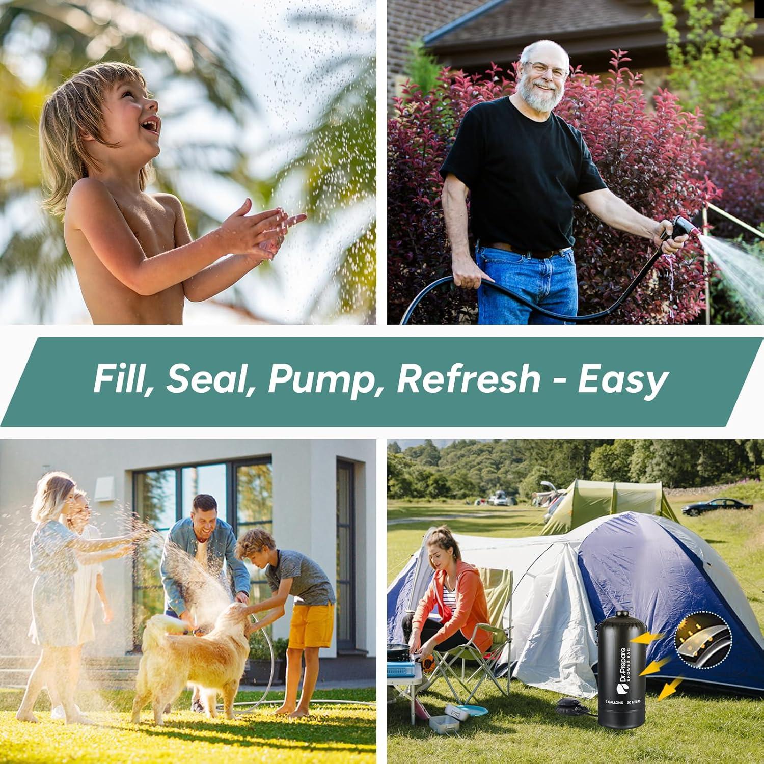 Black PVC Portable Camping Shower with Foot Pump, 5 Gallons