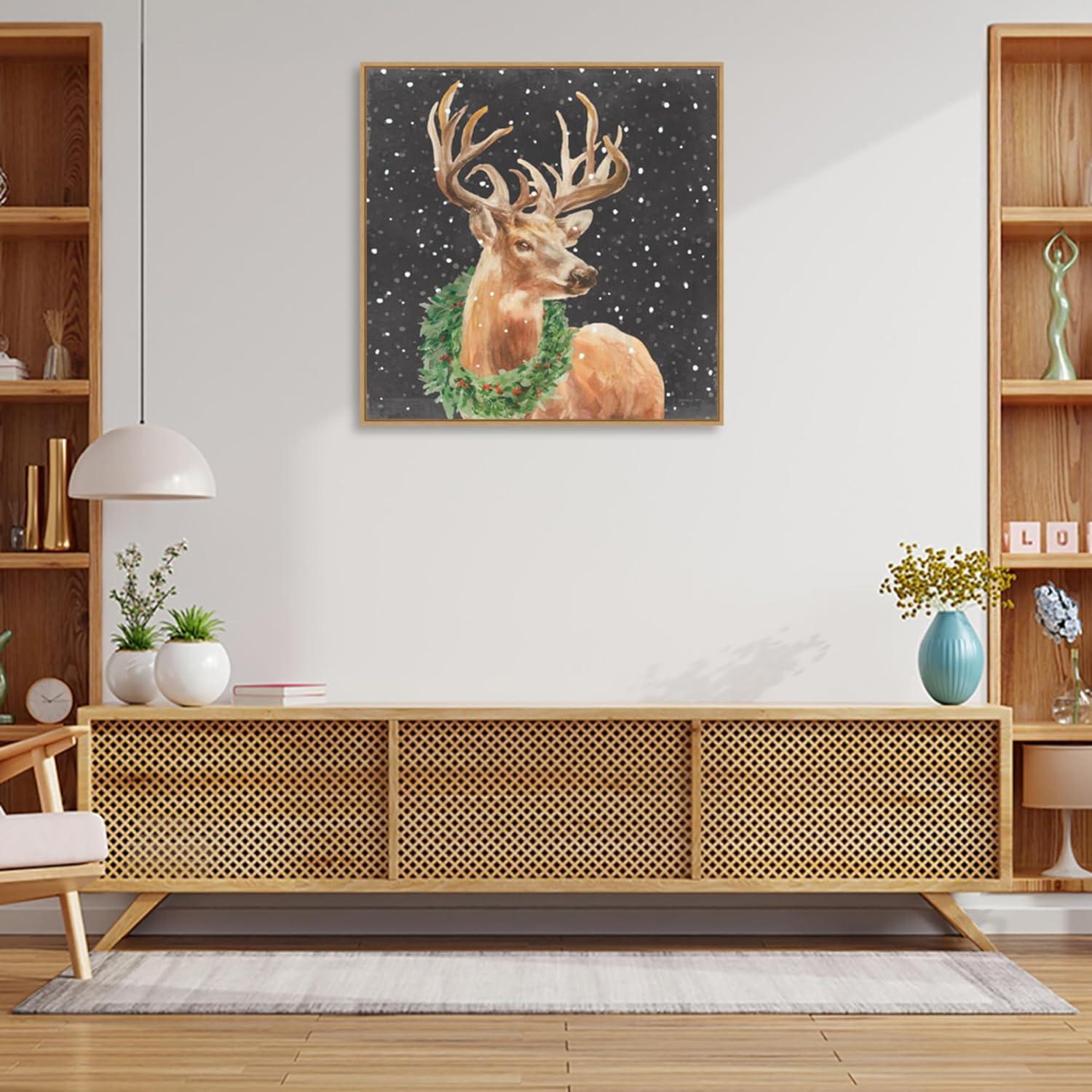 Amanti Art 30"x30" Woodland Holidays Stag Black by Danhui Nai Framed Canvas Wall Art Print