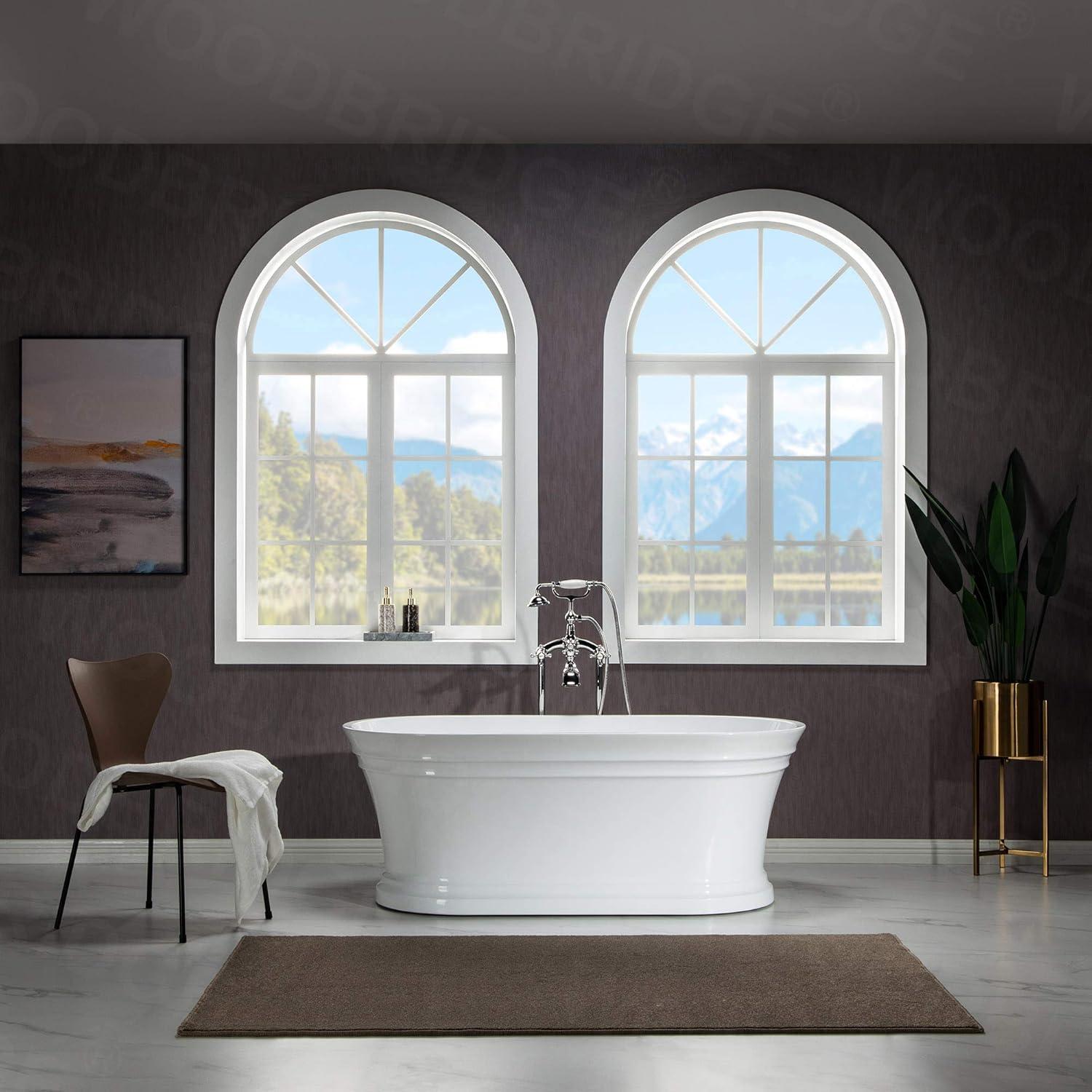 Woodbridge 59'' Freestanding White Acrylic Soaking Bathtub with Brushed Nickel Drain