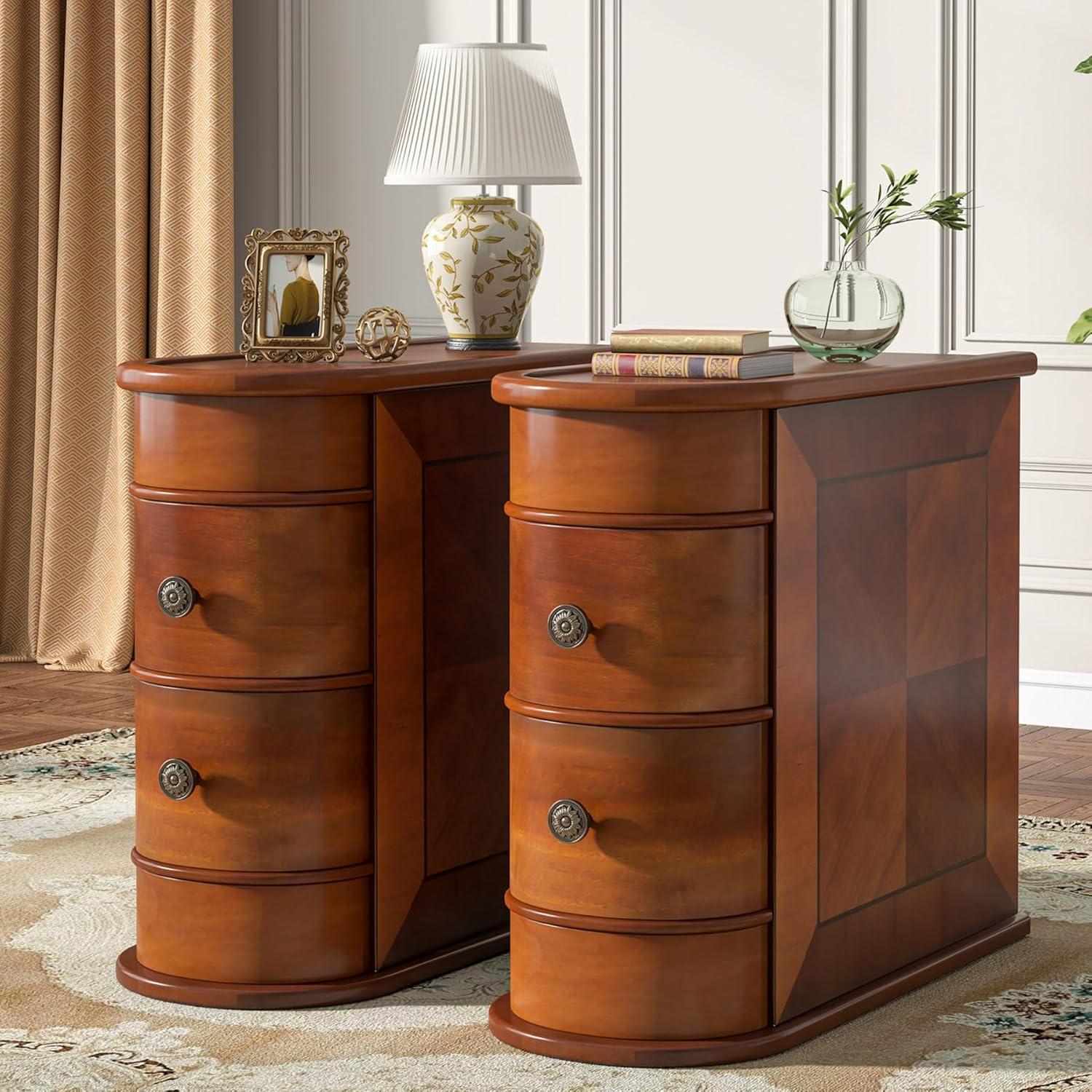 Vintage Brown Solid Wood 2-Drawer Narrow End Table Set