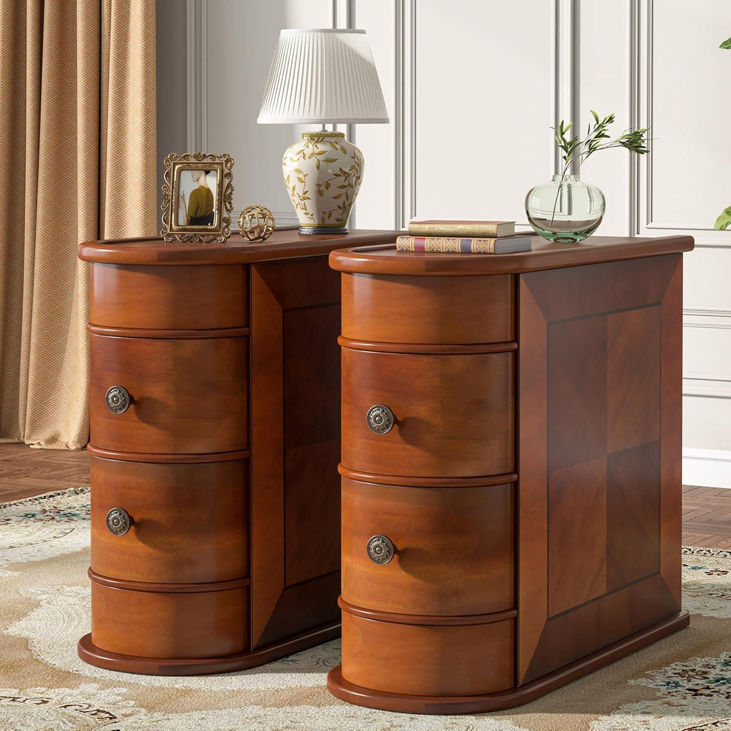 Tribesigns Solid End Table, Set of 2, Two-Drawer Narrow Side Table, Fully Assembled, Brown