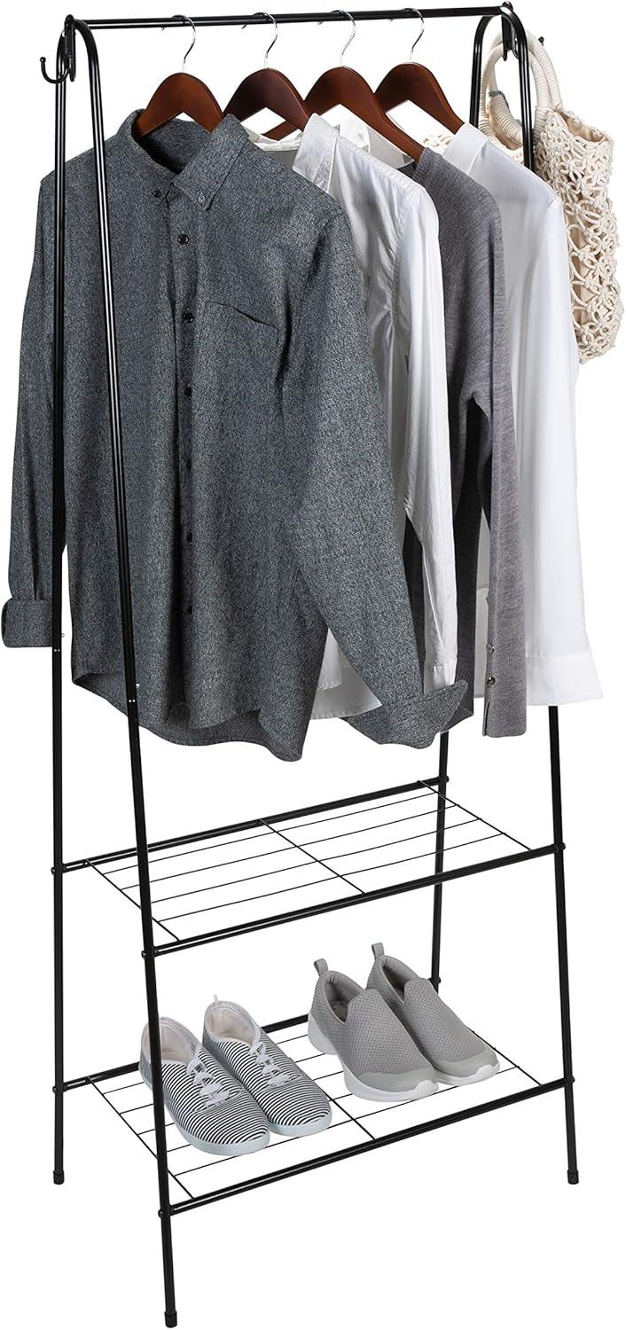 Organize It All Clothing Garment Rack with 2 Shelves and 2 Hooks Black