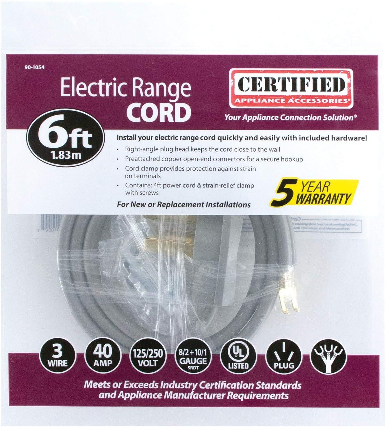 Certified Appliance Accessories 40-Amp Appliance Power Cord, 3 Prong Range Cord, 3 Wires with Open-End Connectors, 6 Feet, Copper Wire