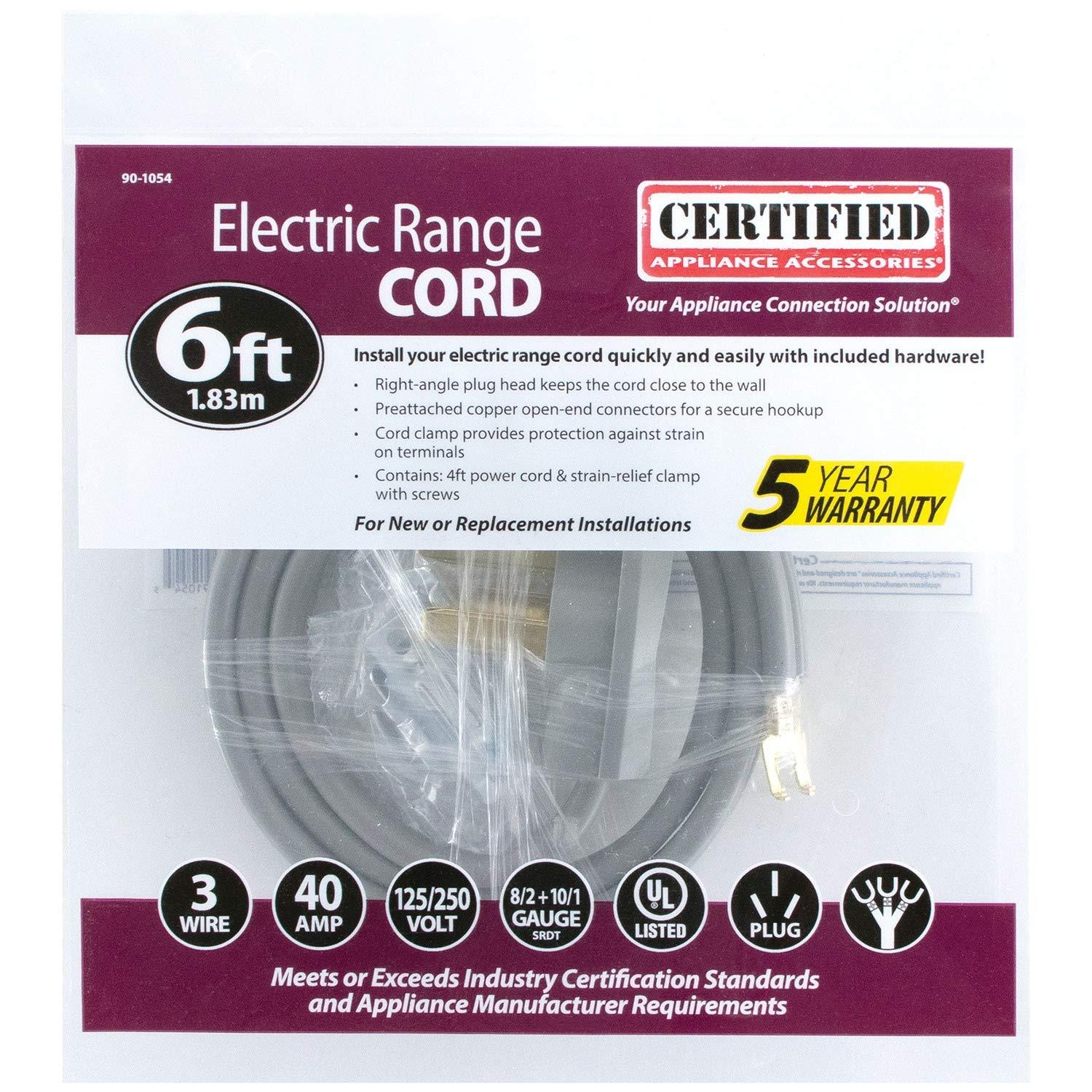 Certified Appliance Accessories 40-Amp Appliance Power Cord, 3 Prong Range Cord, 3 Wires with Open-End Connectors, 6 Feet, Copper Wire