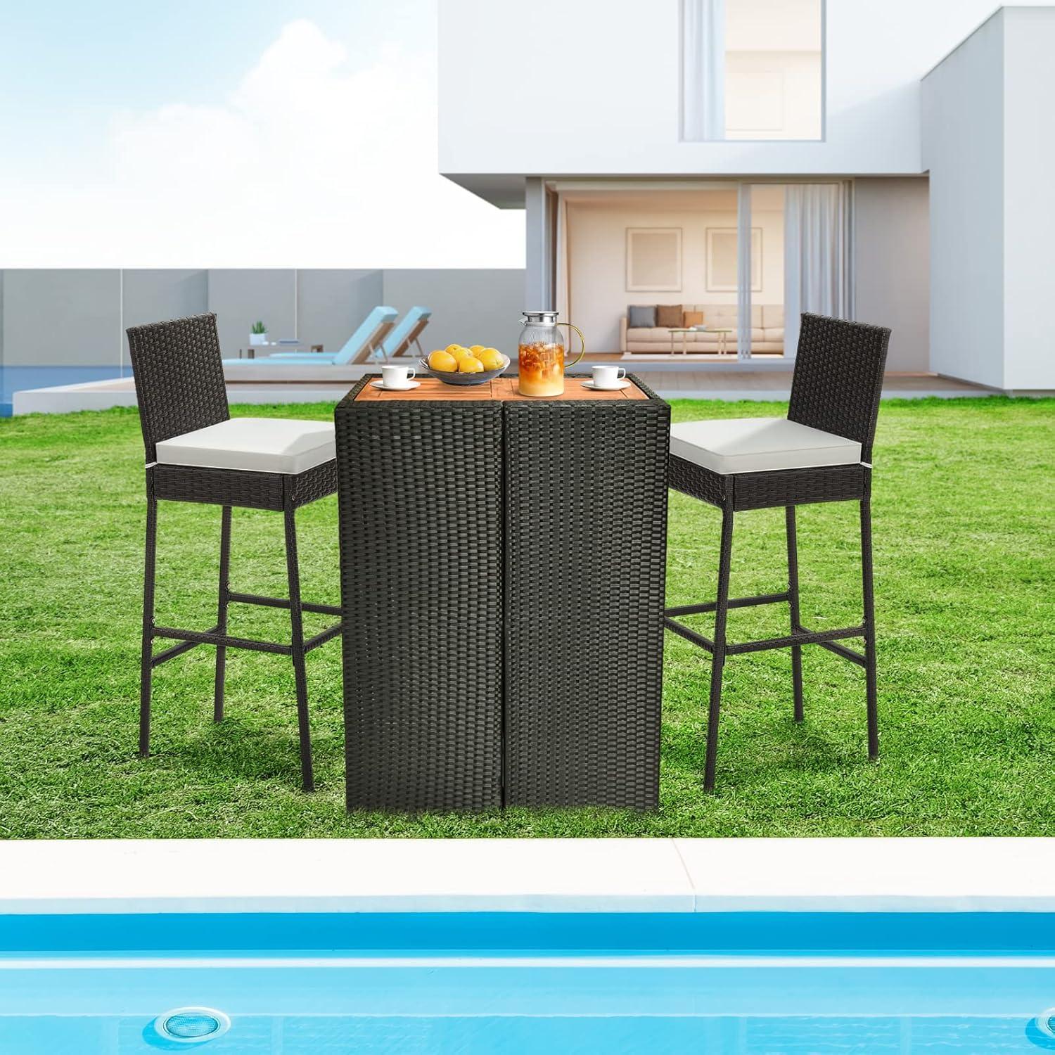 Kepooman Outdoor Bar Stool, 2 Pieces Patio Cushioned Wicker Barstools with Cozy Footrest-Set of 2