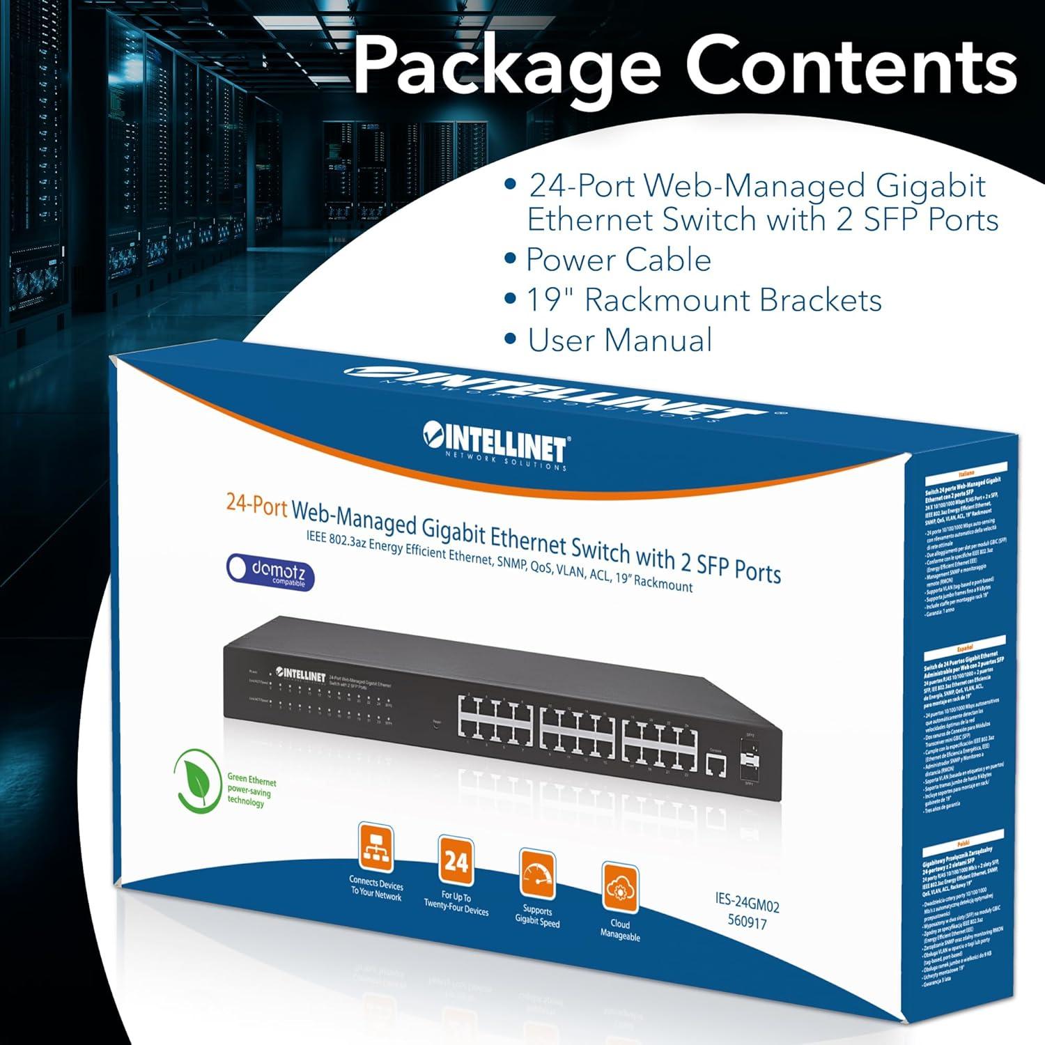 Intellinet 24-Port Web-Managed Gigabit Ethernet Switch with 2 SFP Ports | Fanless | VLAN, SNMP, 802.1X | NDAA