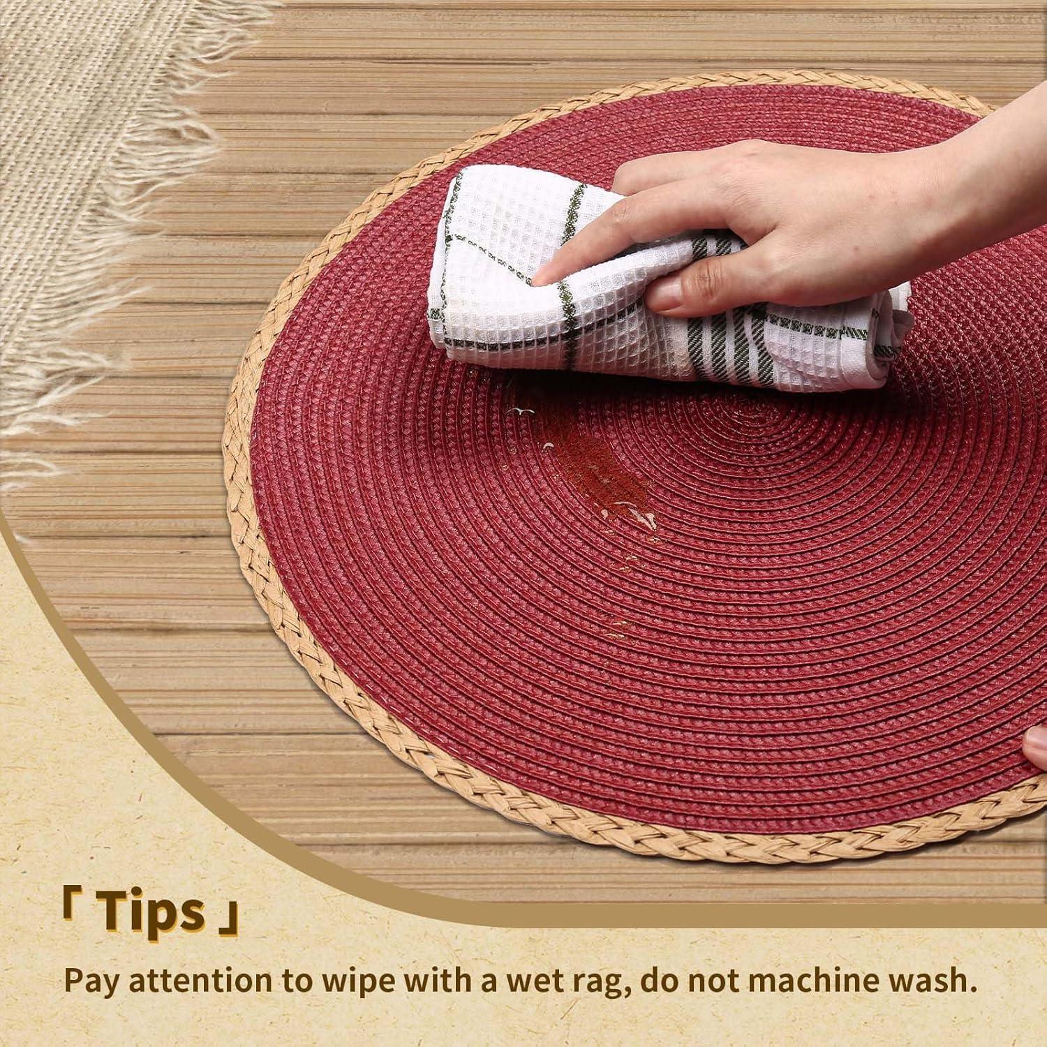 Noctiflorous 15 Inch Round Braided Placemats Set of 4 Washable Wipeable Easy Clean Heat Resistant Woven Dining Table Mats Decor for Holiday Parties Indoor Outdoor Daily Use(Red Thin Edge, 4)