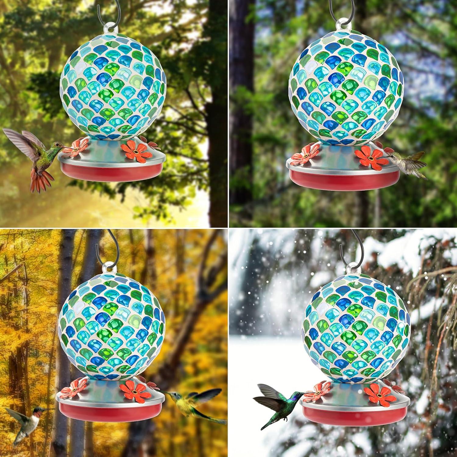 Hand-Blown Glass Hanging Hummingbird Feeder with Metal Hanger