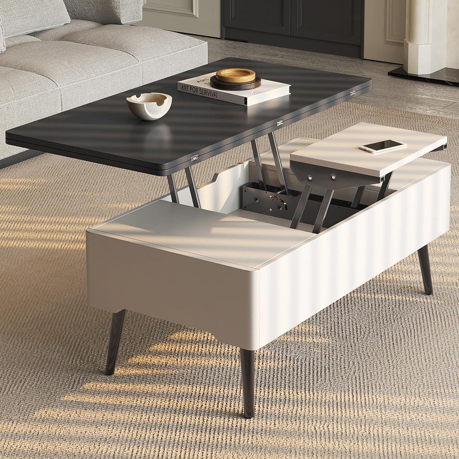 Guyii Extendable Coffee Table, 3-in-1 Lift Top Coffee Table with 2 Storage Drawers and Hidden Compartment for Living Room, Home, White