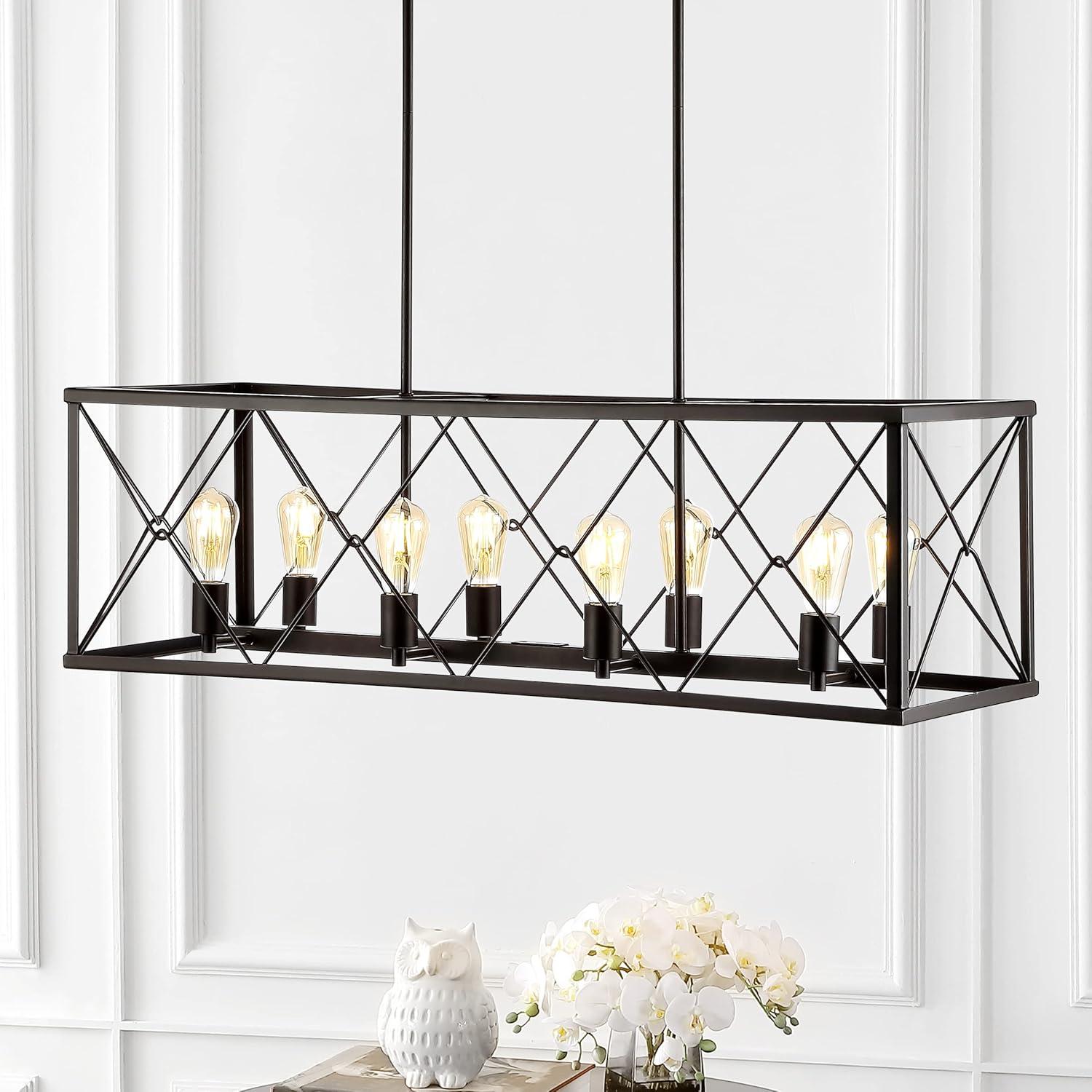 JONATHAN Y Galax 39" 8-Light Adjustable Iron Farmhouse Industrial LED Dimmable Pendant, Oil Rubbed Bronze