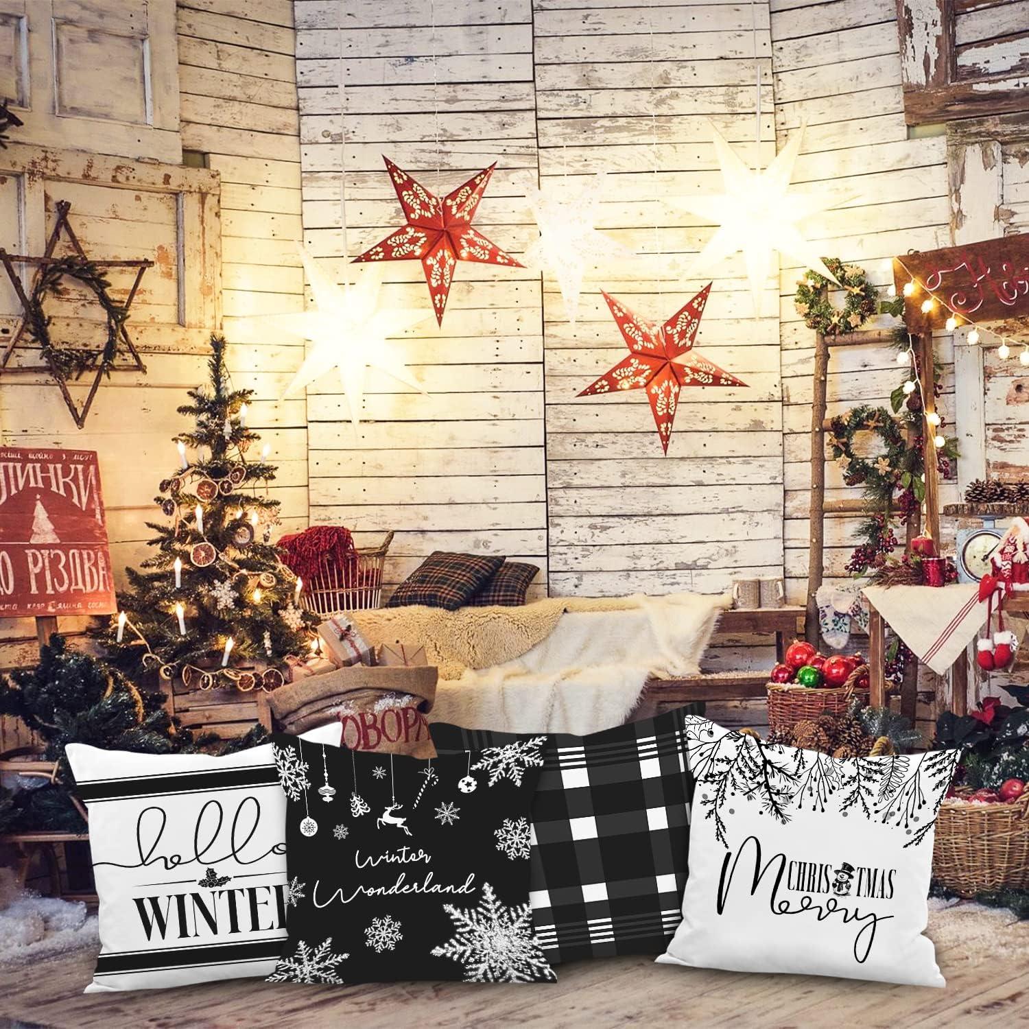 Lanpn Hello Winter Merry Christmas Throw Pillow Covers 18x18 Set of 4, Decorative Black and White 18 inch Xmas Holiday Cushion Pillow Cases Home Outside Porch Decor Decorations