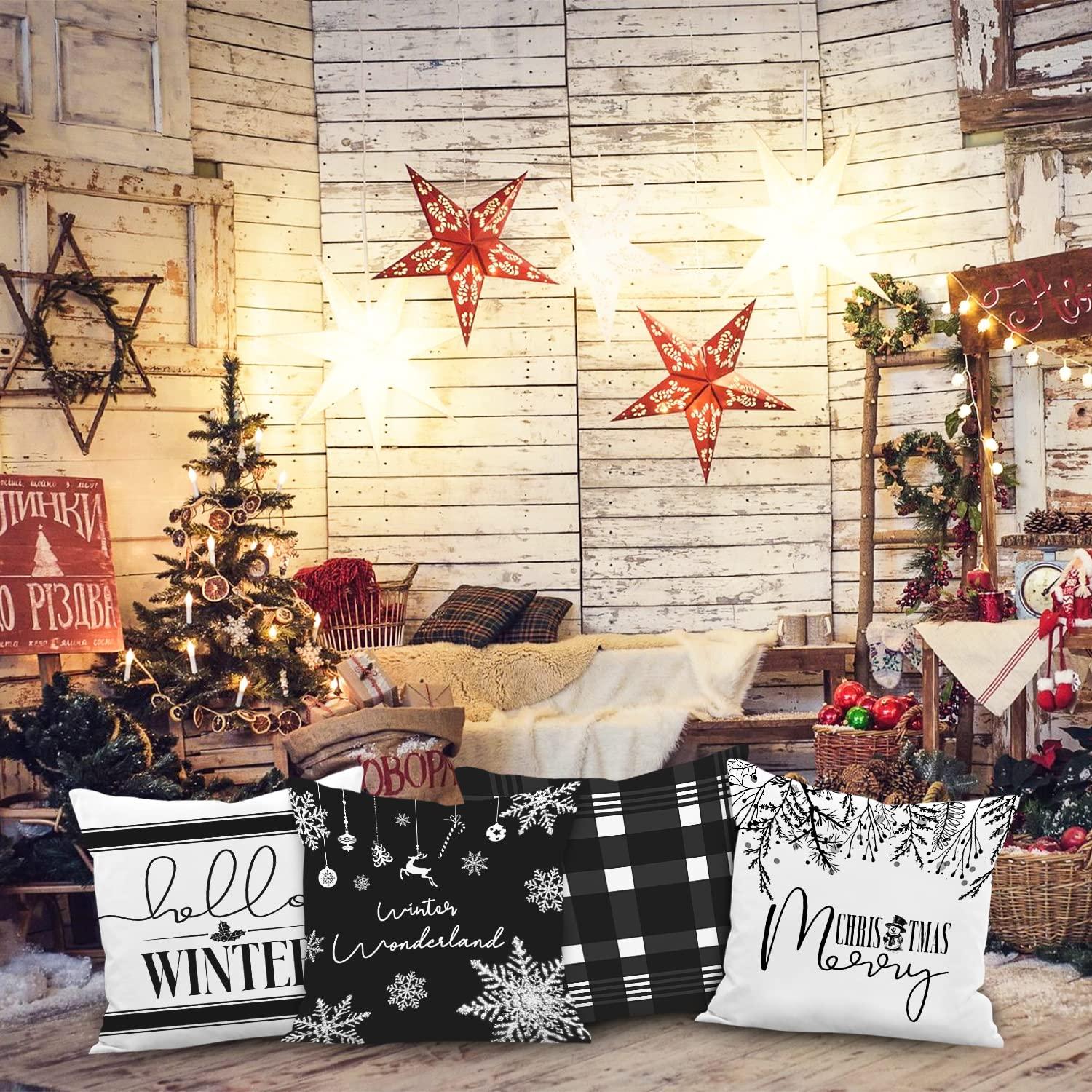Lanpn Hello Winter Merry Christmas Throw Pillow Covers 18x18 Set of 4, Decorative Black and White 18 inch Xmas Holiday Cushion Pillow Cases Home Outside Porch Decor Decorations