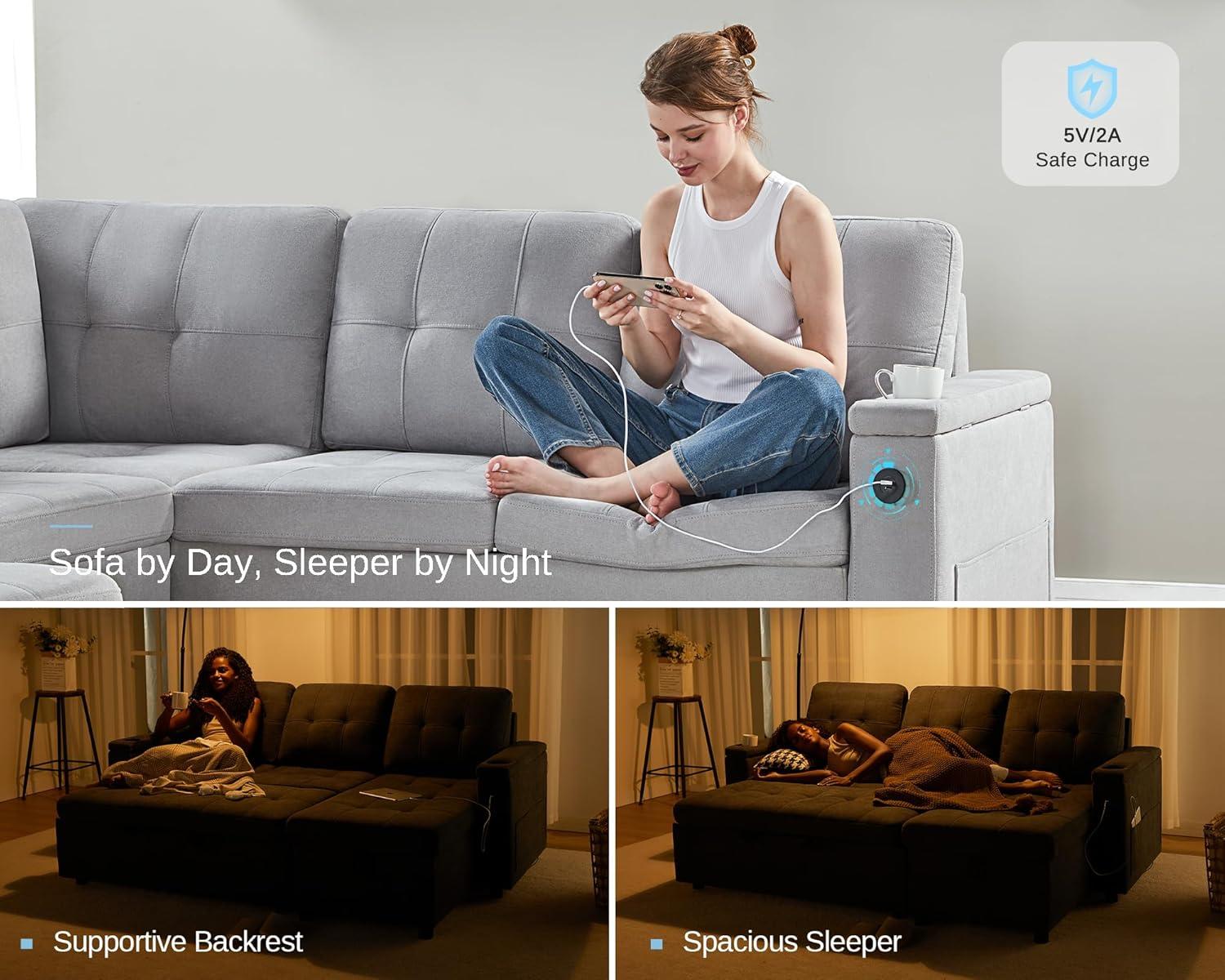 Latitude Run® Pull Out Sofa Bed With 2 USB Ports & Cup Holders, U Shaped Sleeper Sofa Bed With Dual Storage Chaise- Drak Gray