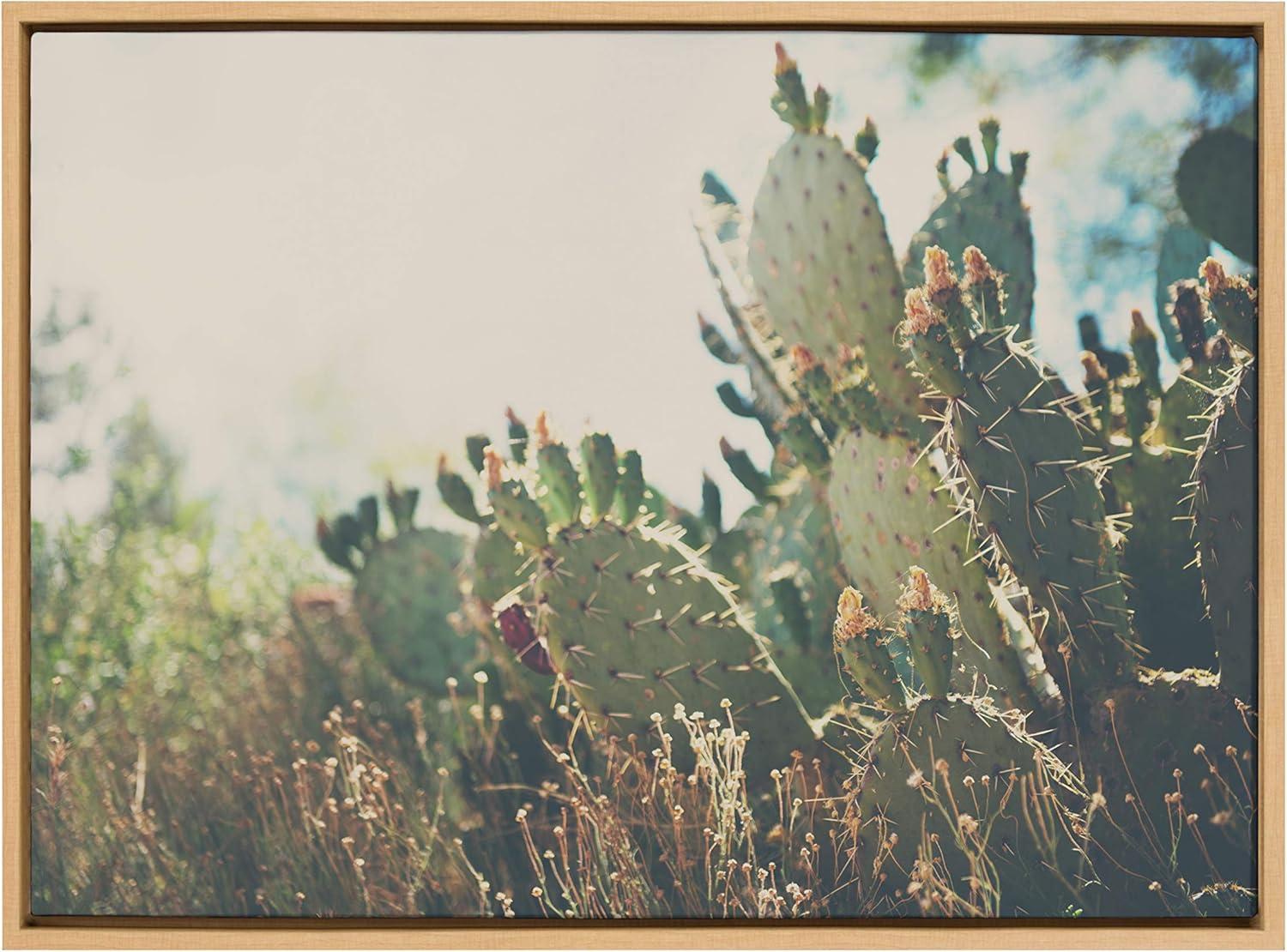 Natural Framed Desert Prickly Pear Cactus Canvas Print