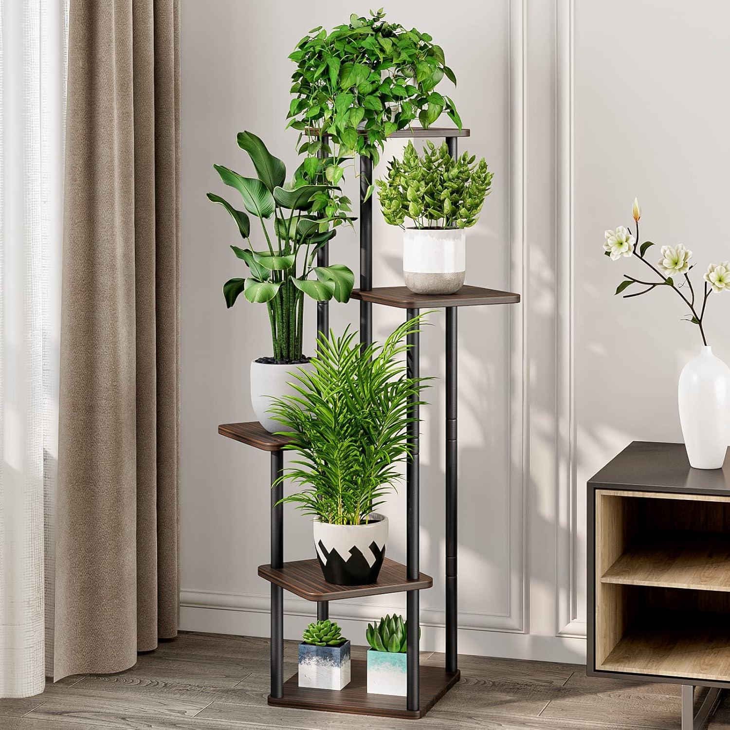 Black Oak 5-Tier Metal and MDF Indoor Plant Stand