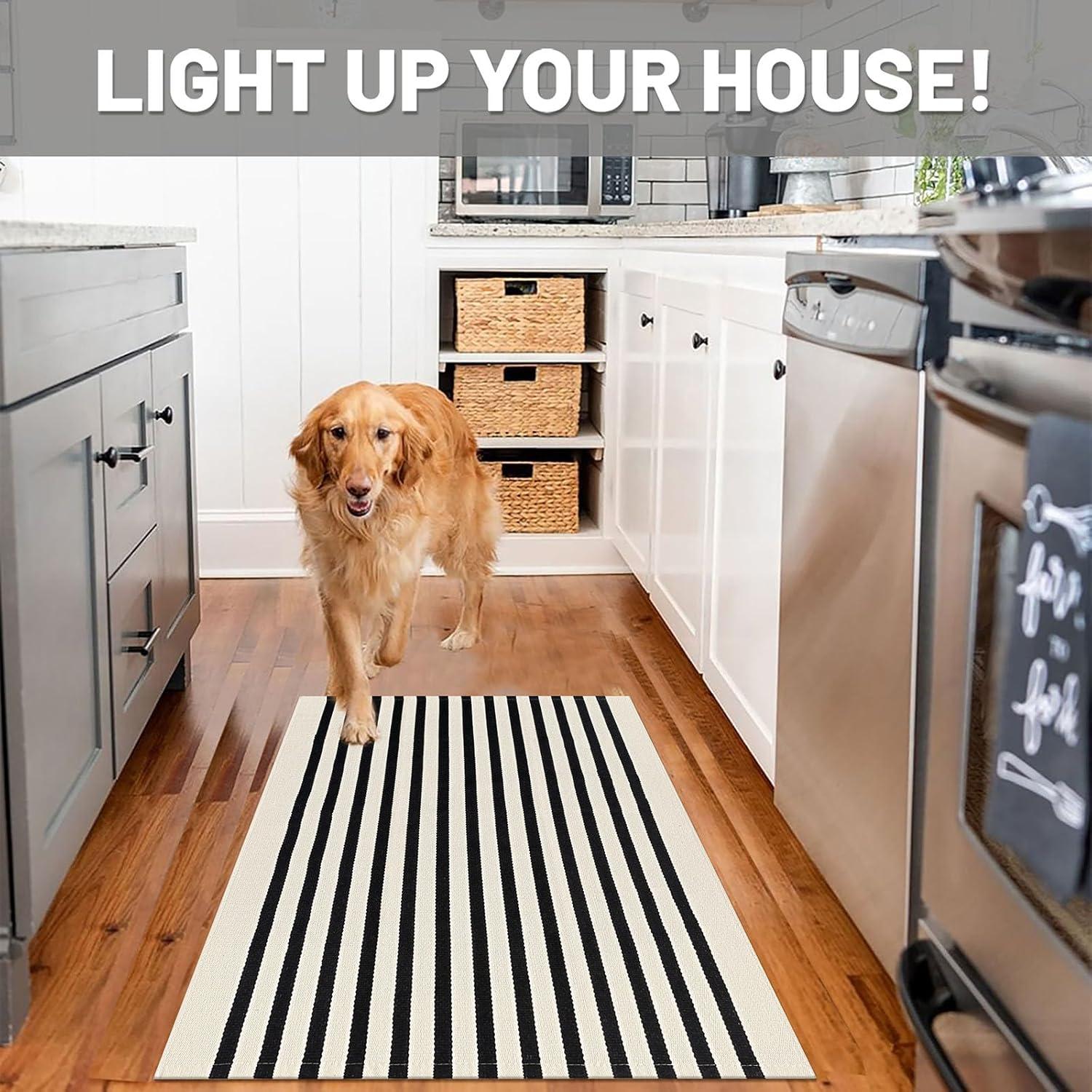 IOHOUZE Navy and White Striped Rug 2'x3' Front Door Rugs, Small Washable Area Rug for Front Porch, Spring Summer Doormats Outdoor Indoor, Cotton Rugs for Entryway Porch Entrance