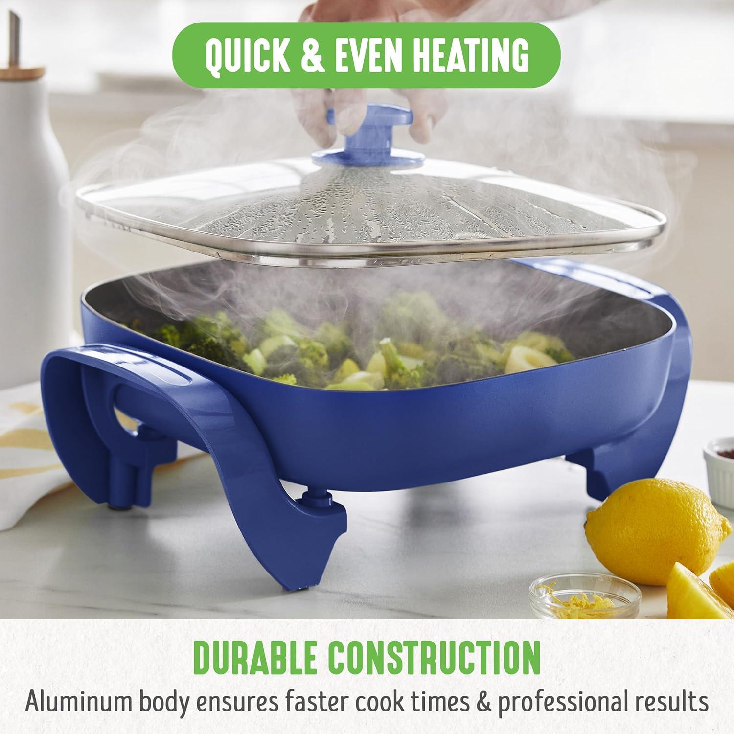 UZOPAL 12" 5QT Square Electric Skillet with Glass Vented Lid, PFAS-Free Ceramic Nonstick Interior