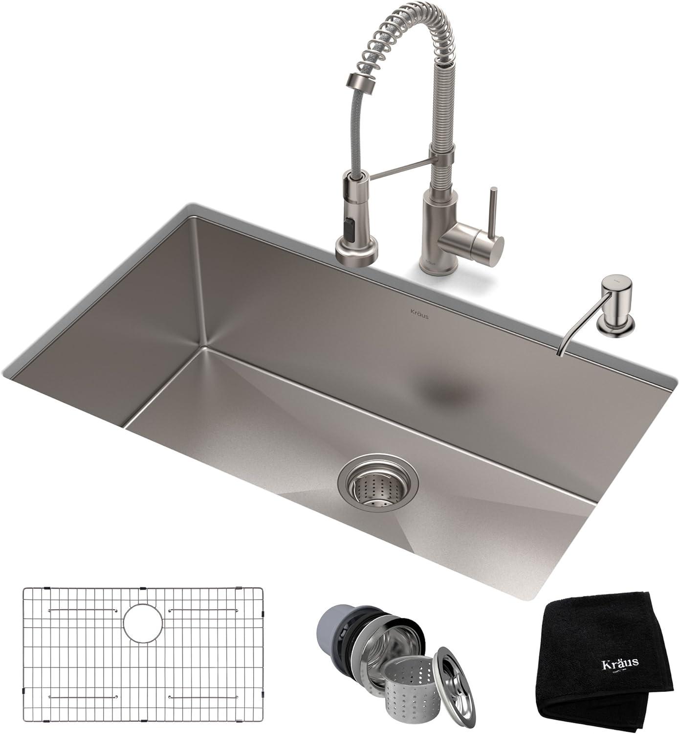 Kraus 32-in Standart Pro Kitchen Sink Combo Set with Bolden™ Kitchen Faucet and Soap Dispenser