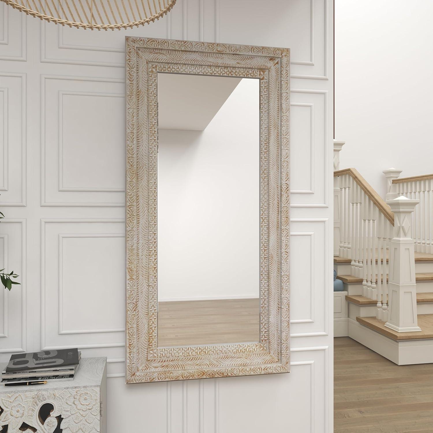 Deco 79 Wood Floral Room Wall Mirror Intricately Carved Entryway Mirror, Wall Mounted Mirror 36" x 3" x 71", Brown