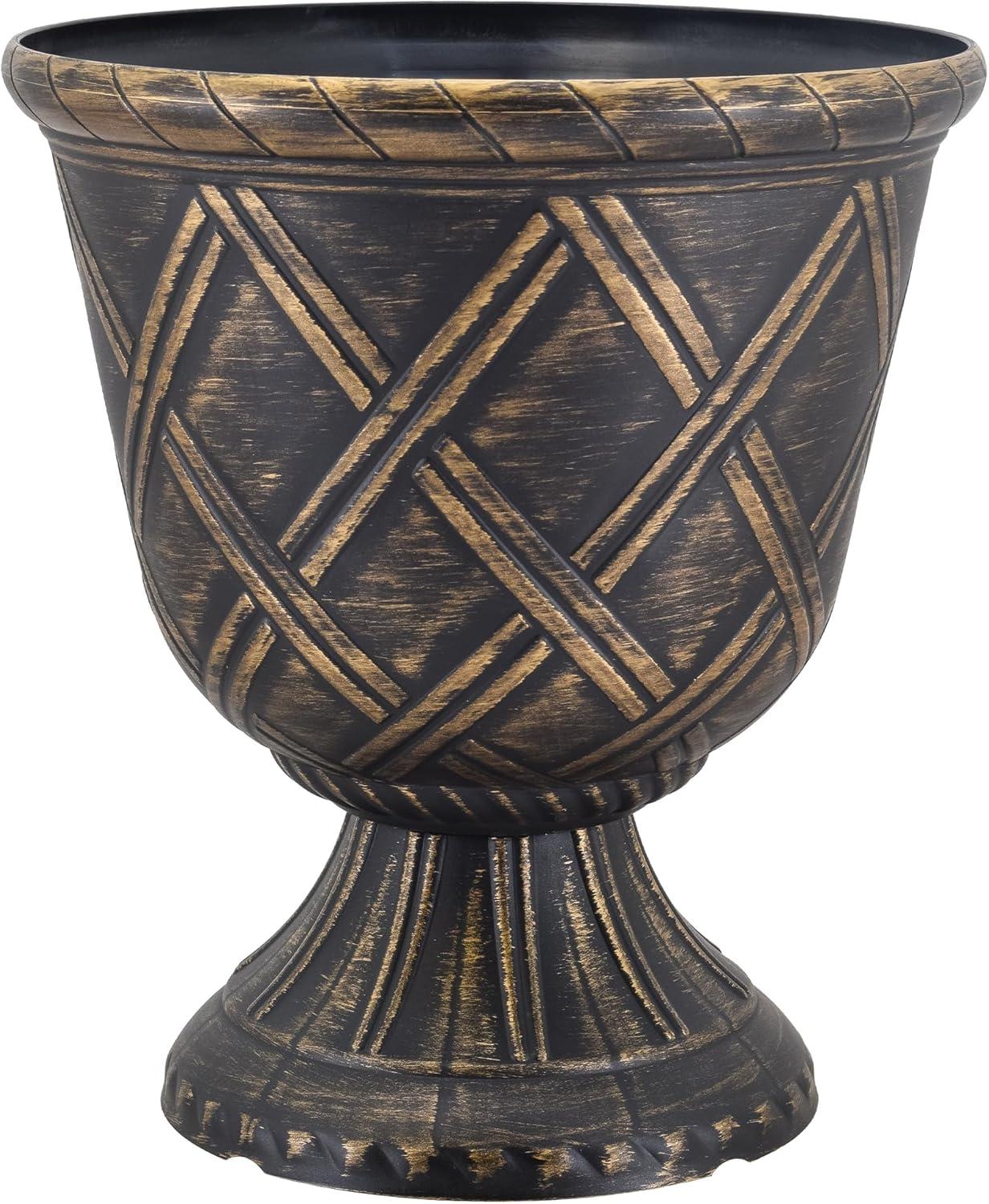 PL60GD Lattice Plastic Garden Urn, Classic Decorative Garden Pot Planter for Indoor and Outdoor Plants, Gold
