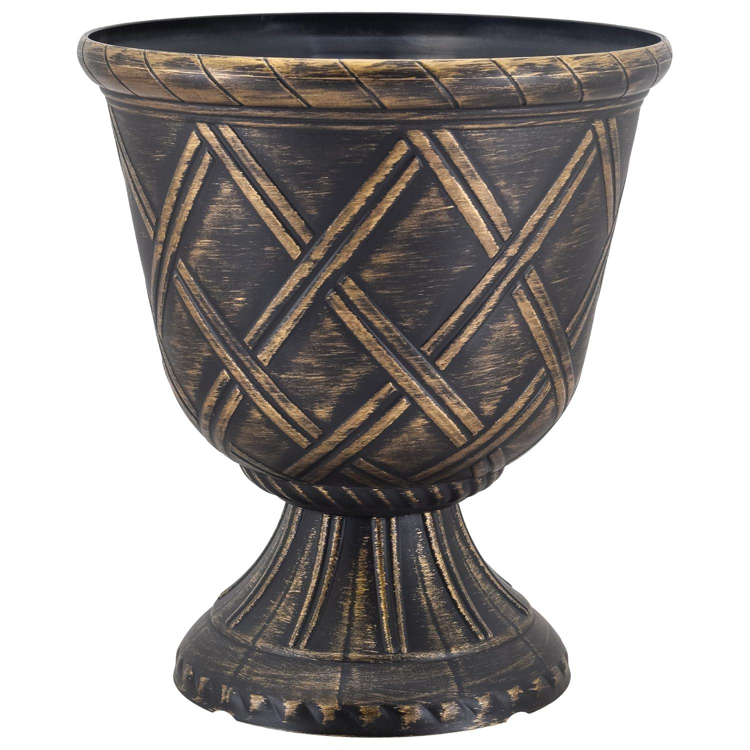 PL60GD Lattice Plastic Garden Urn, Classic Decorative Garden Pot Planter for Indoor and Outdoor Plants, Gold