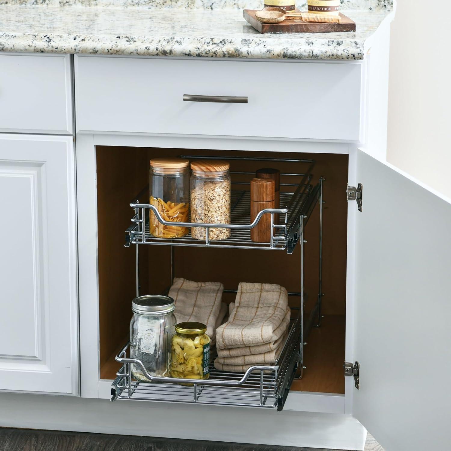 Glidez Multipurpose Chrome-Plated Steel Pull-Out/Slide-Out Basket Storage Organizer for Under Cabinet Use - 2-Tier Design - Chrome