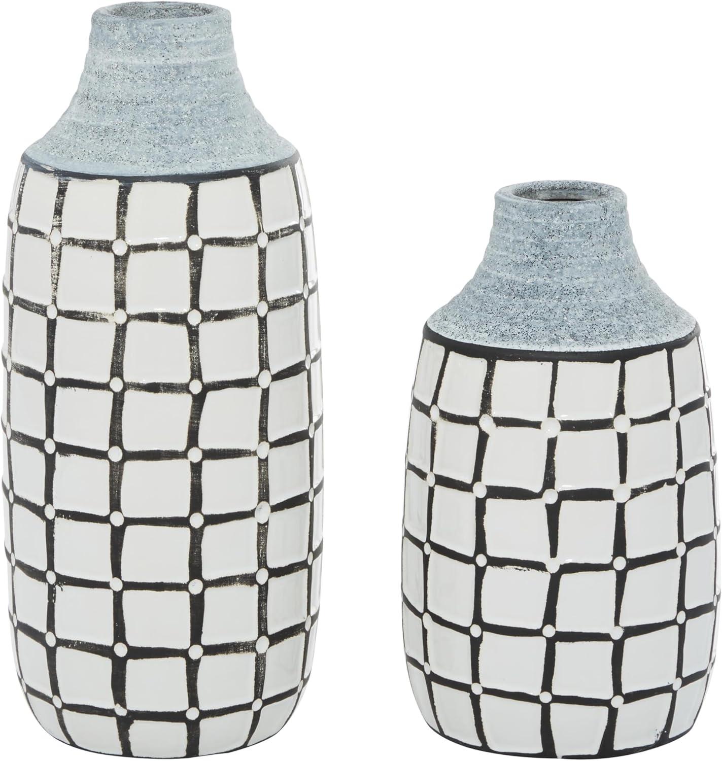 DecMode 11", 9"H Handmade White Ceramic Vase with Grid Pattern, Set of 2