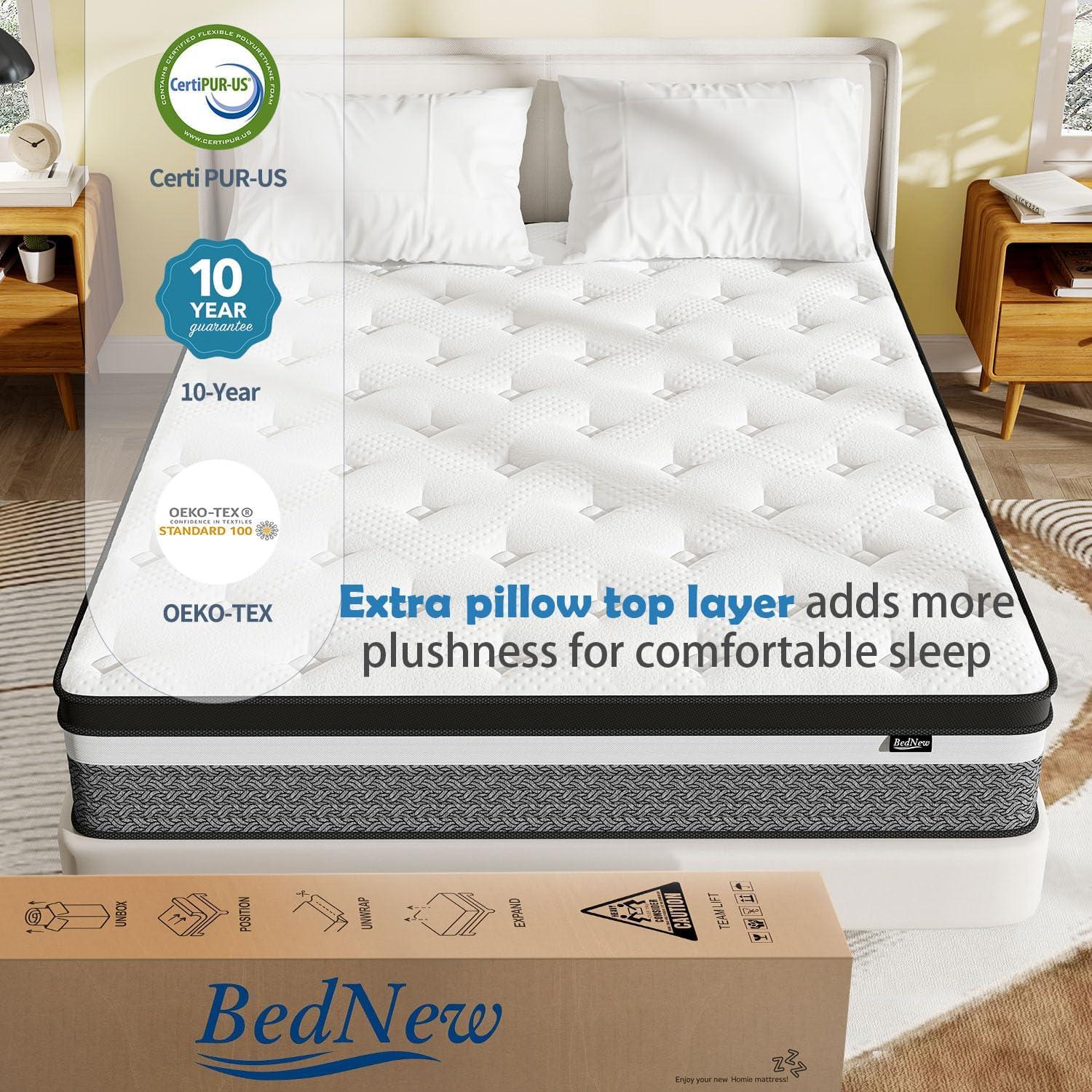 BedNew 14 inch Queen Mattress, Medium Firm, Pillow Top Hybrid Pocket Spring Mattress in a Box