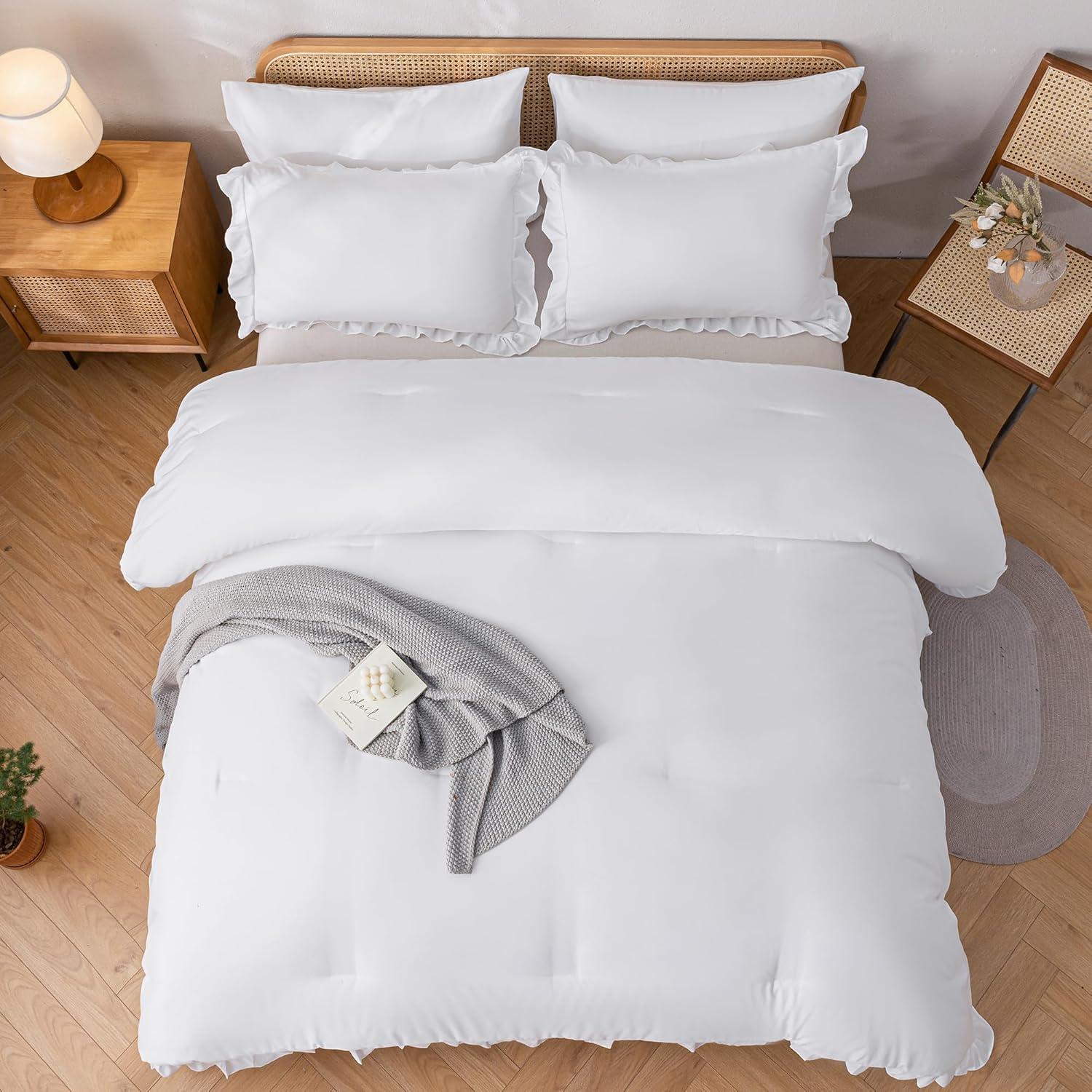 White Microfiber Queen Ruffle Comforter Set with Pillowcases