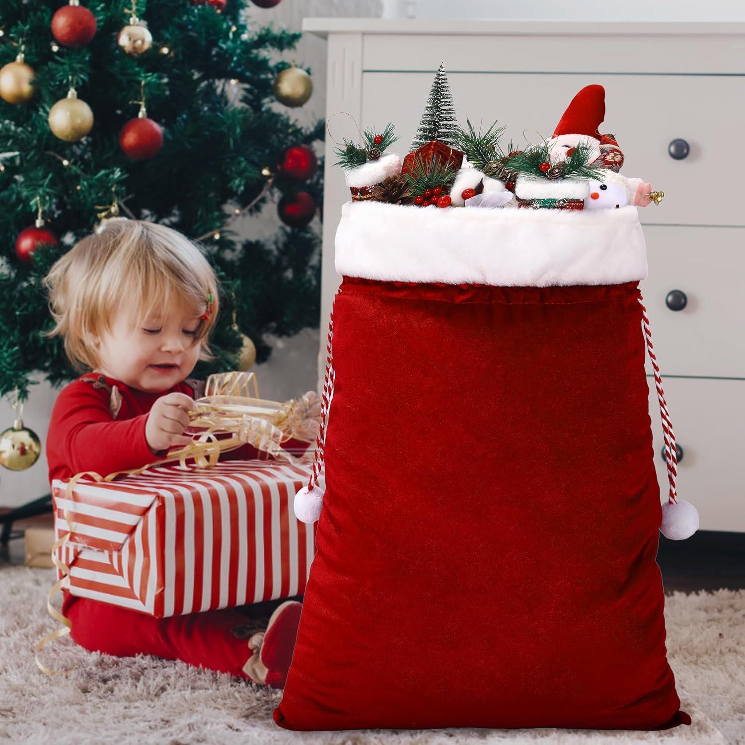 2 Pcs Christmas Velvet Bags with Drawstring Large Plush Santa Sack Christmas Gift Bags in 2 Size for Xmas Package Storage Bags