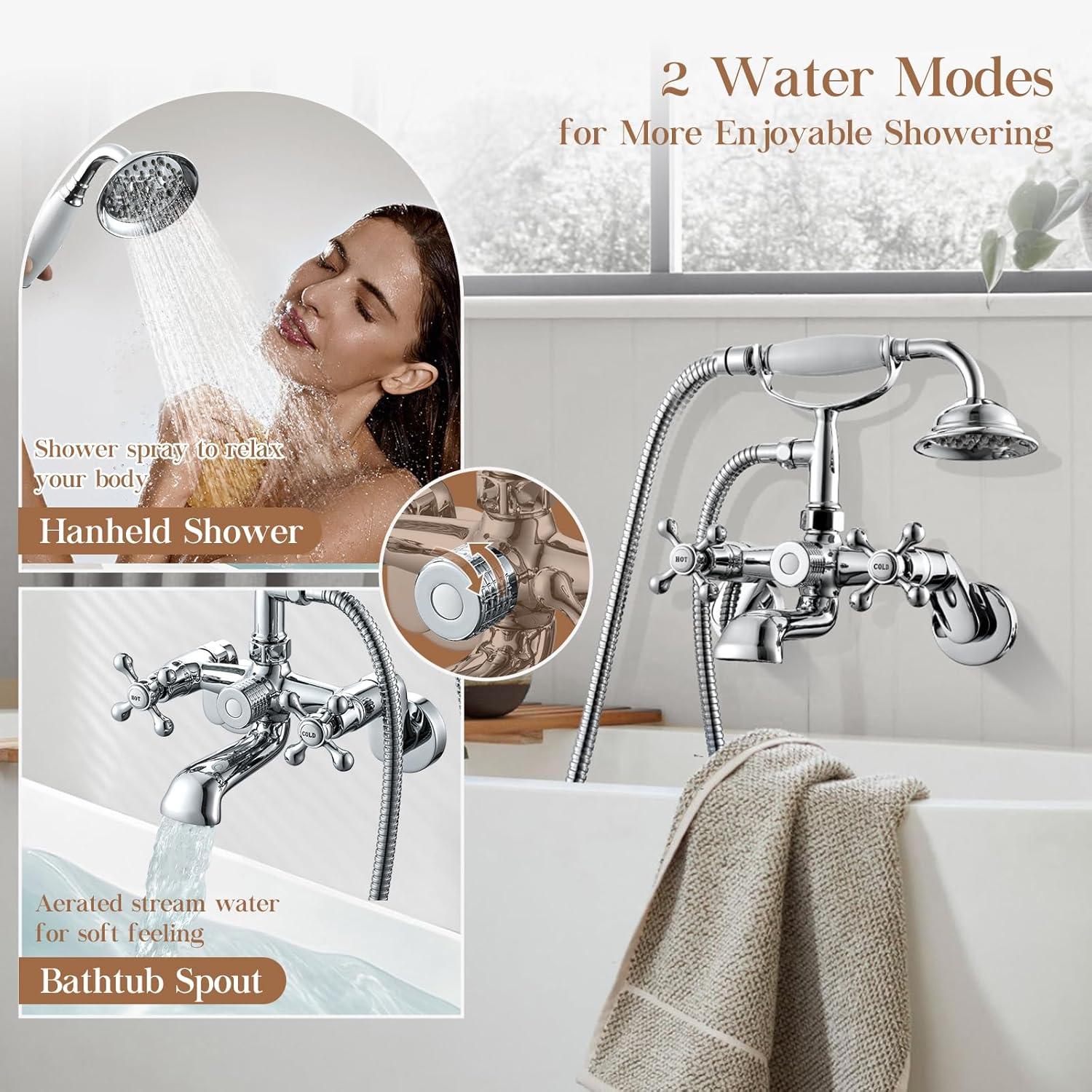 Wasserrhythm Clawfoot Tub Faucet and Shower Kit Chrome Wall Mount Tub Faucet G1/2 Vintage Tub Faucet Victorian Clawfoot Tub Faucet with Hand Shower Set Brass Double Cross Handle