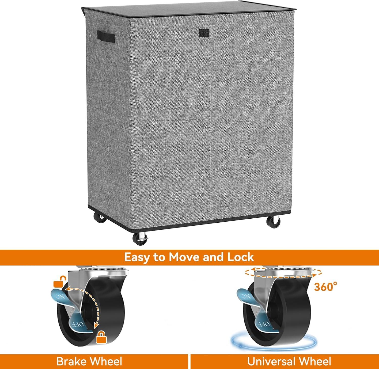 Gray Double Compartment Upright Hamper with Wheels and Lid