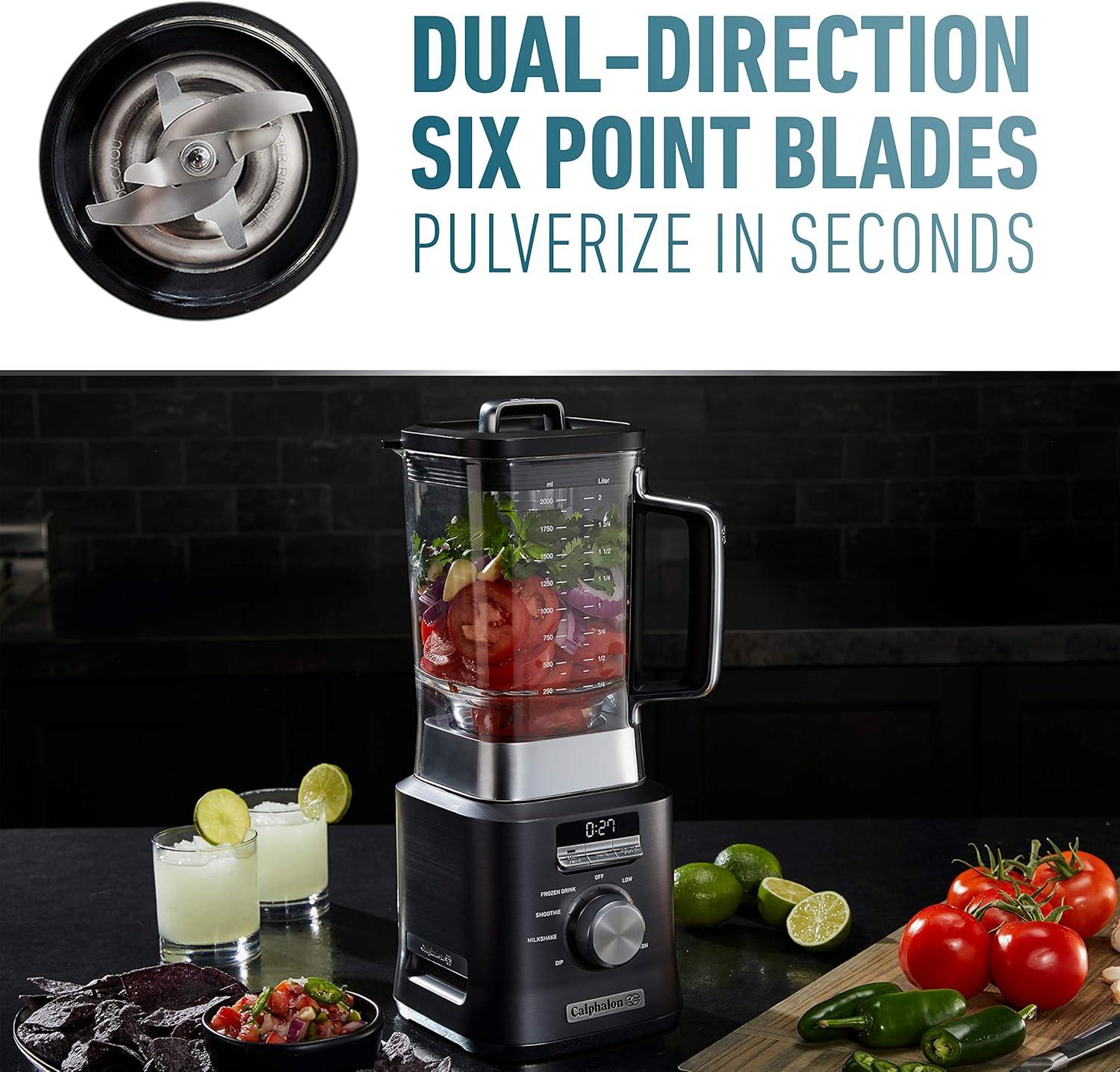 Calphalon Auto-Speed 2-Liter Blender with Blend-N-Go Smoothie Cup, Dark Stainless Steel