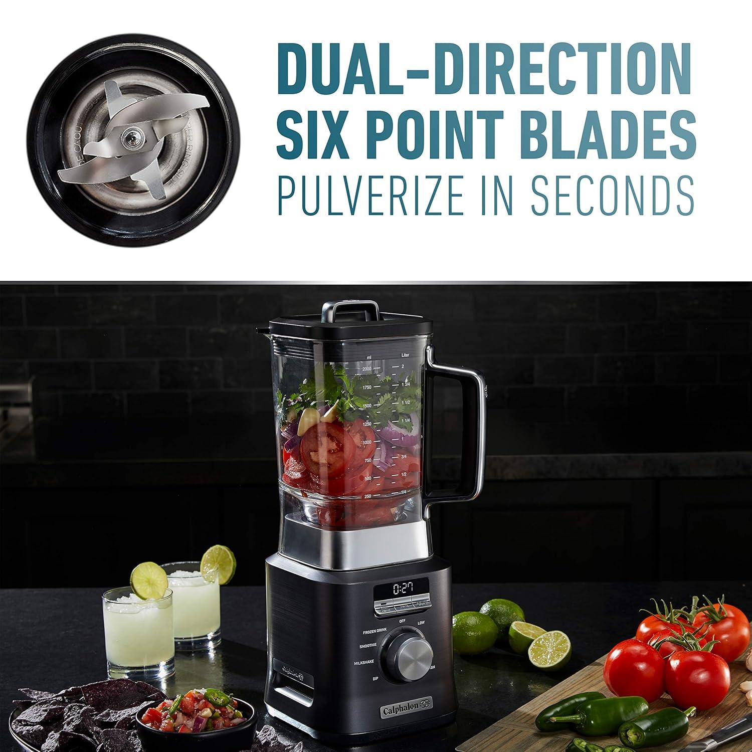 Calphalon Auto-Speed 2-Liter Blender with Blend-N-Go Smoothie Cup, Dark Stainless Steel