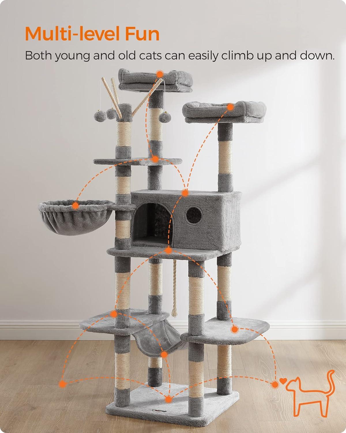 FEANDREA 64.6" Cat Tree Large Cat Tower Cat Activity Center with Hammock Cat Condo Light Gray