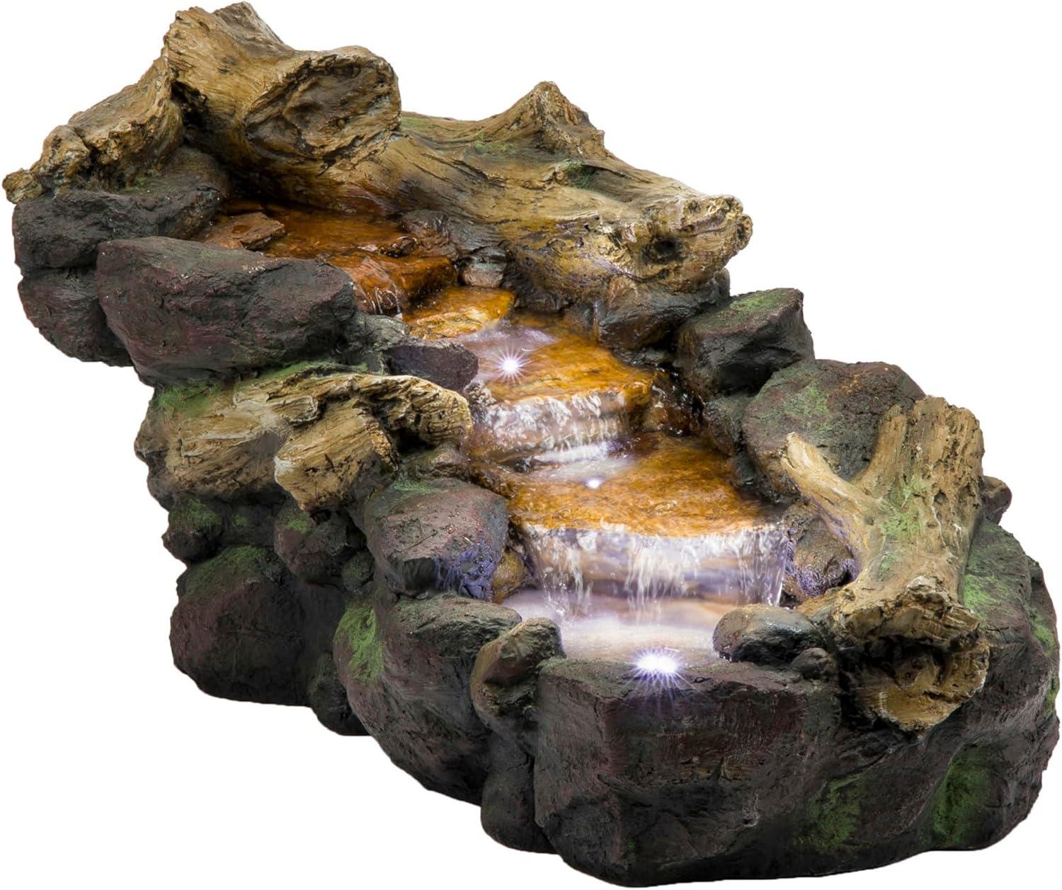 19" Resin River Rocks and Logs Fountain with LED Lights Gray/Cool White - Alpine Corporation: Indoor/Outdoor, Weather-Resistant