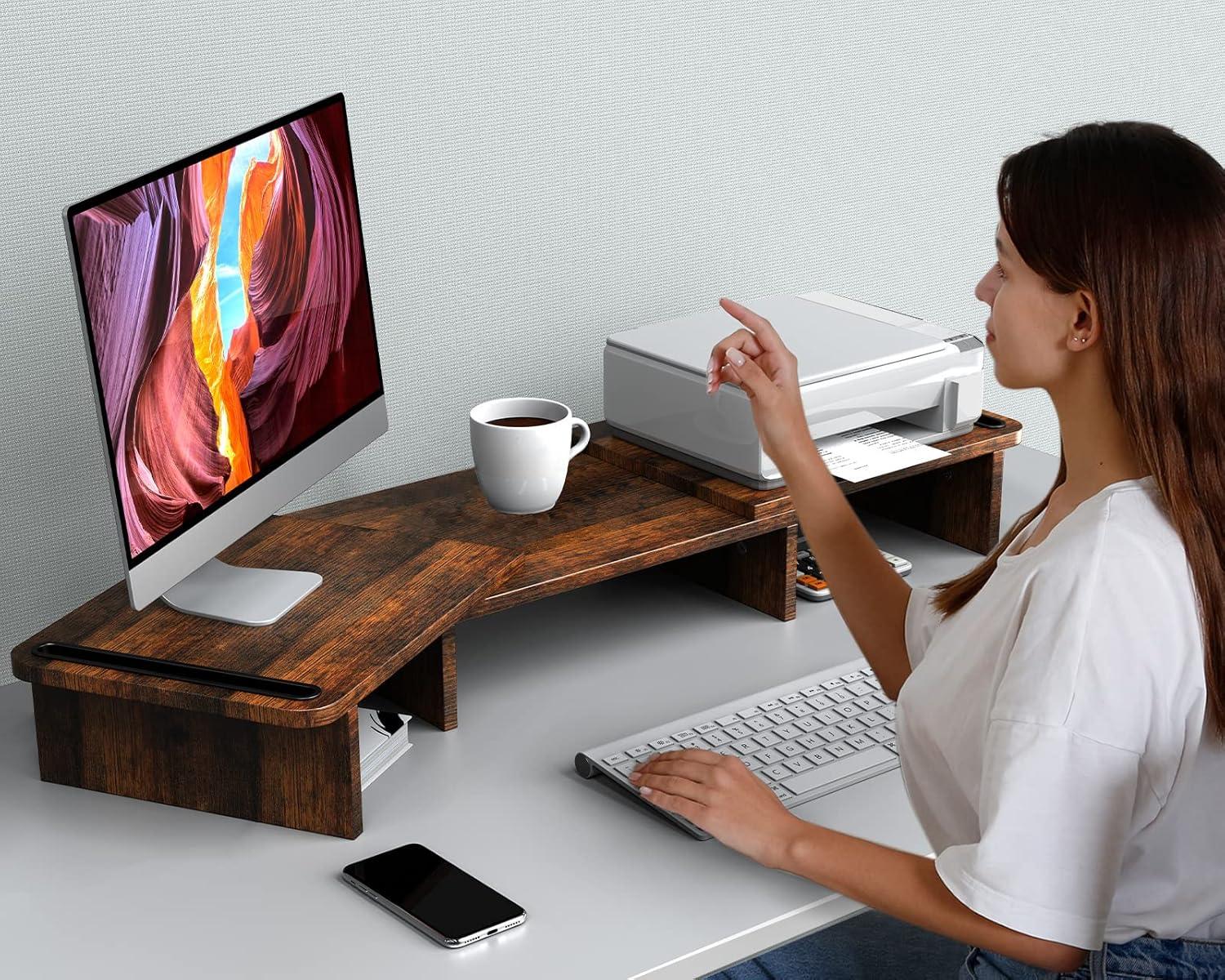 Rust Brown Large Adjustable Wood Dual Monitor Stand Riser