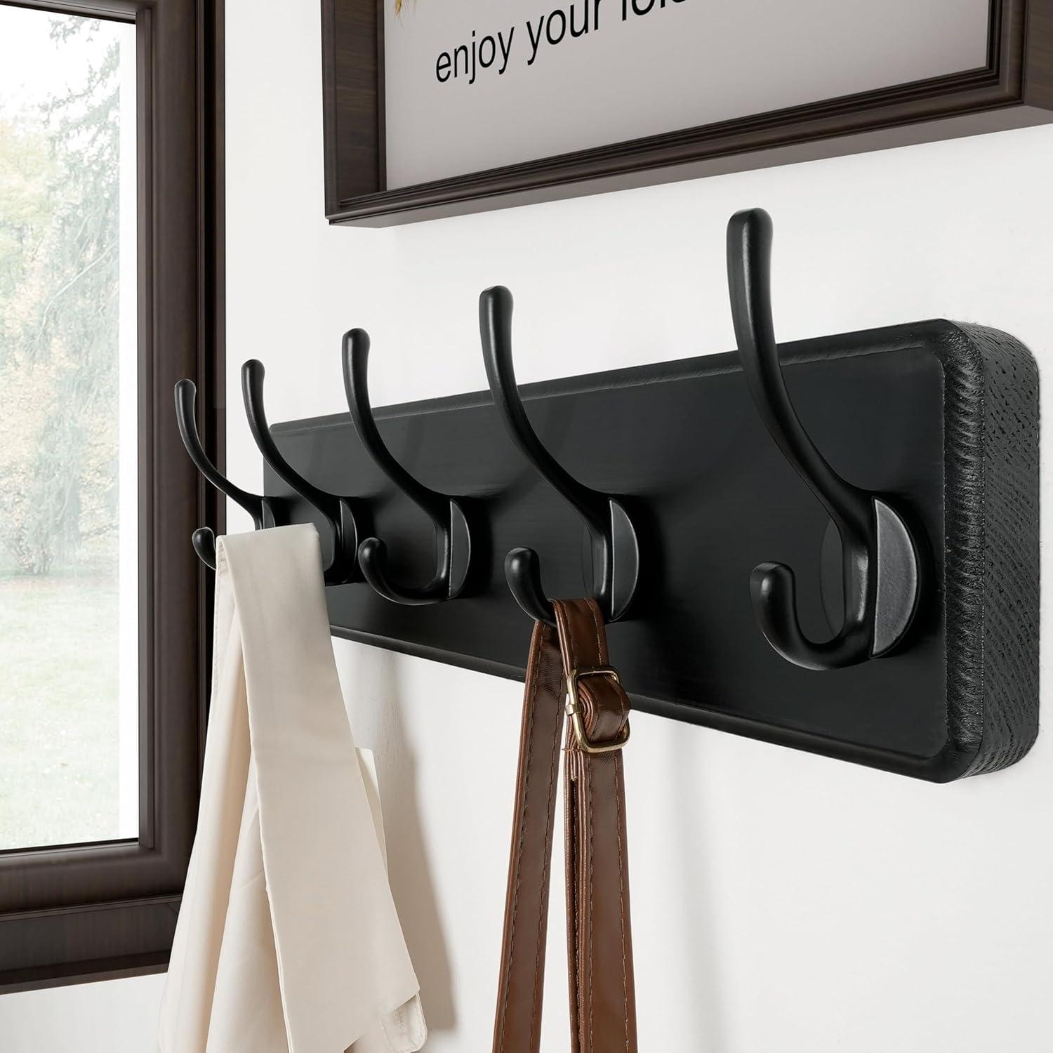 Rustic Black Pine Wall Mounted Coat Rack with 5 Hooks