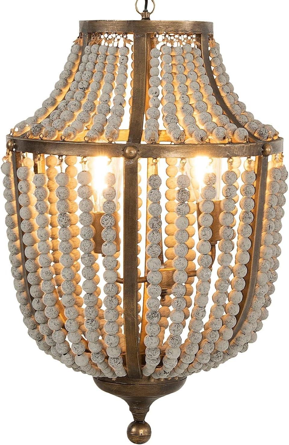 Distressed White Wood Bead & Metal Chandelier for Coastal Charm