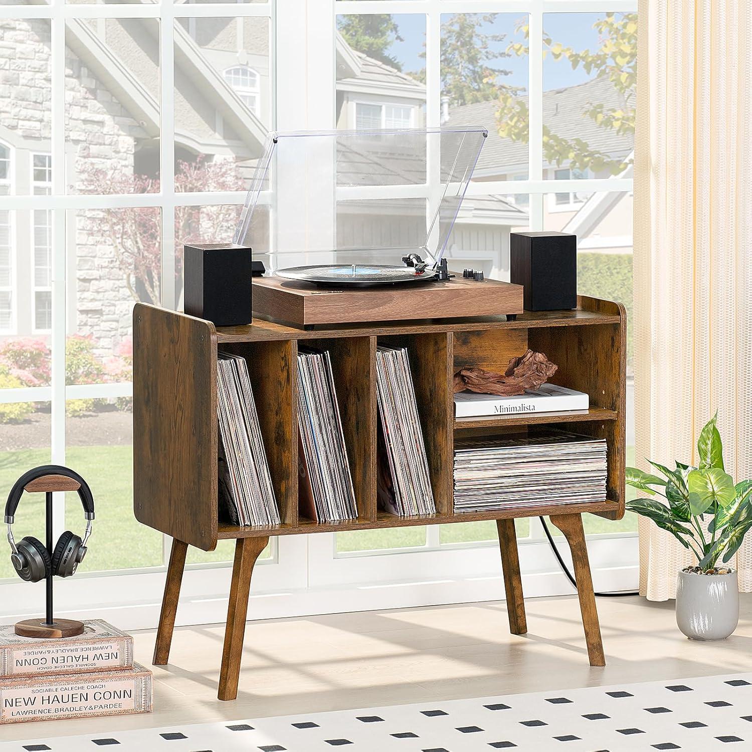 Brown Beech Wood Record Player Stand with Cabinet