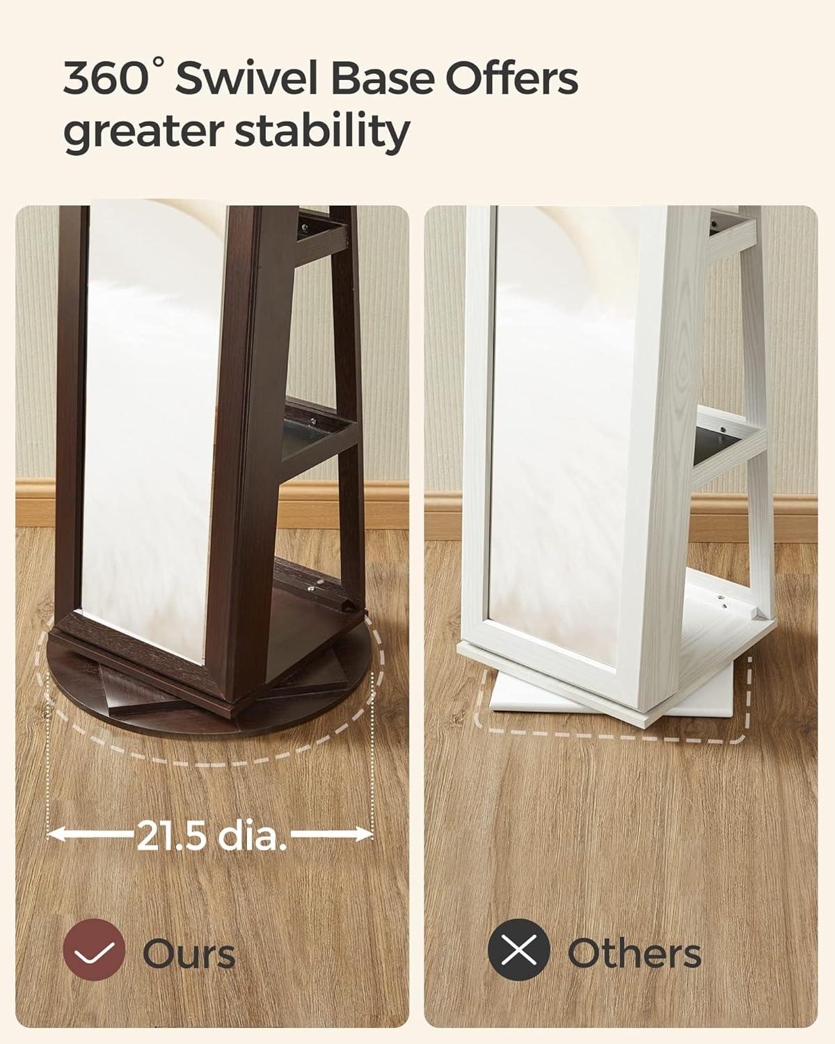 360° Swivel Jewelry Cabinet with Full Length Mirror Modern Adult Accessory Armoire, Brown