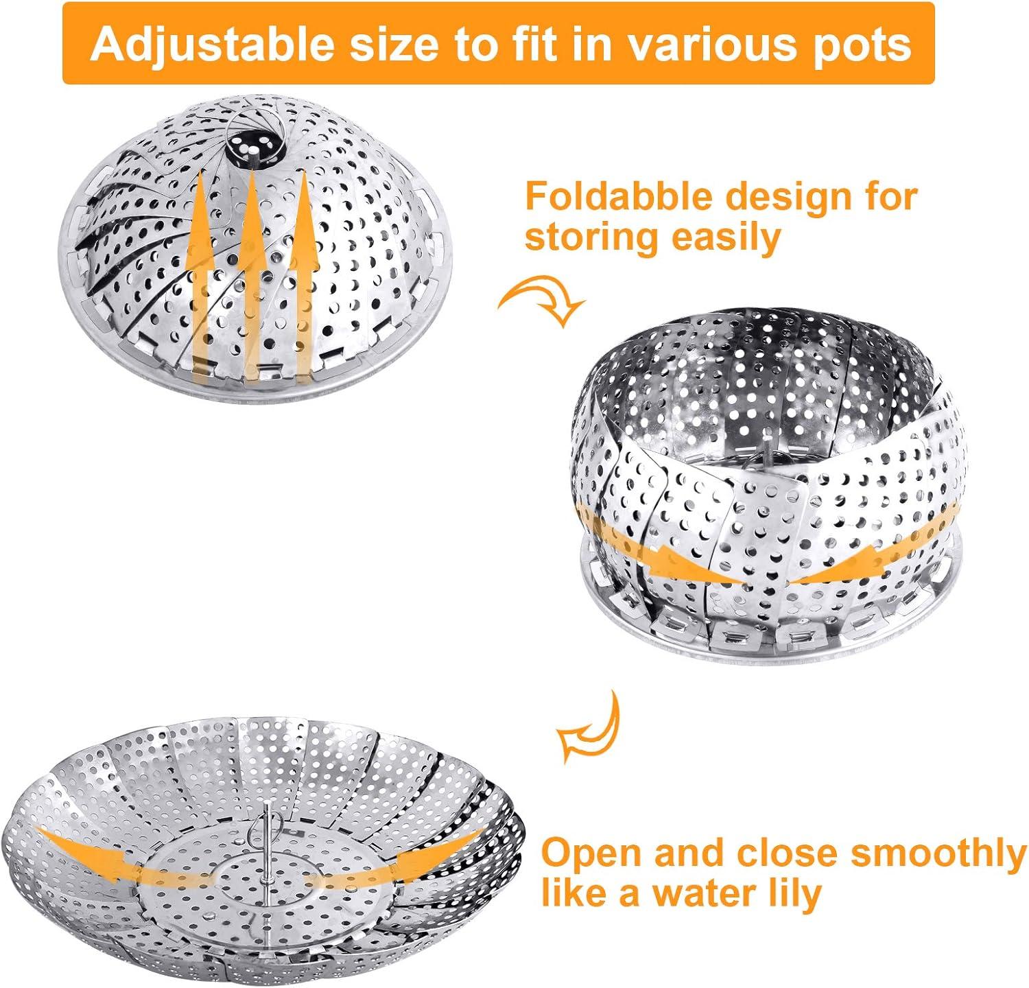 Stainless Steel Collapsible Steamer Basket with Lid, 5.3" to 8.6"